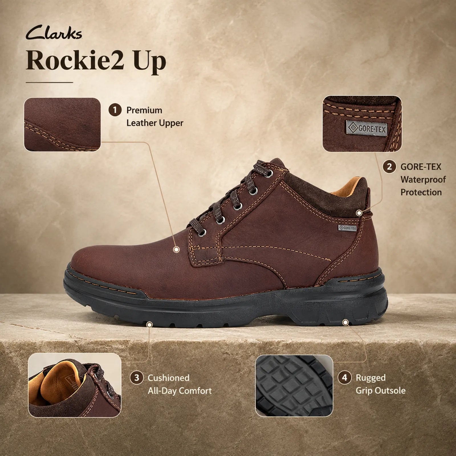 Men's brown leather lace-up ankle boots with stitched panels and padded collar