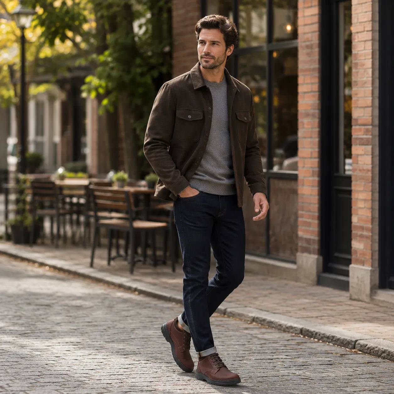 Men's brown leather lace-up boots with dark soles and low-profile tread