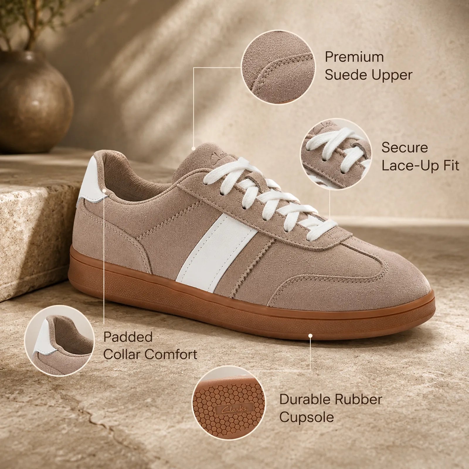 Close-up detail of Clarks Seco Speed light brown suede upper and lace-up design
