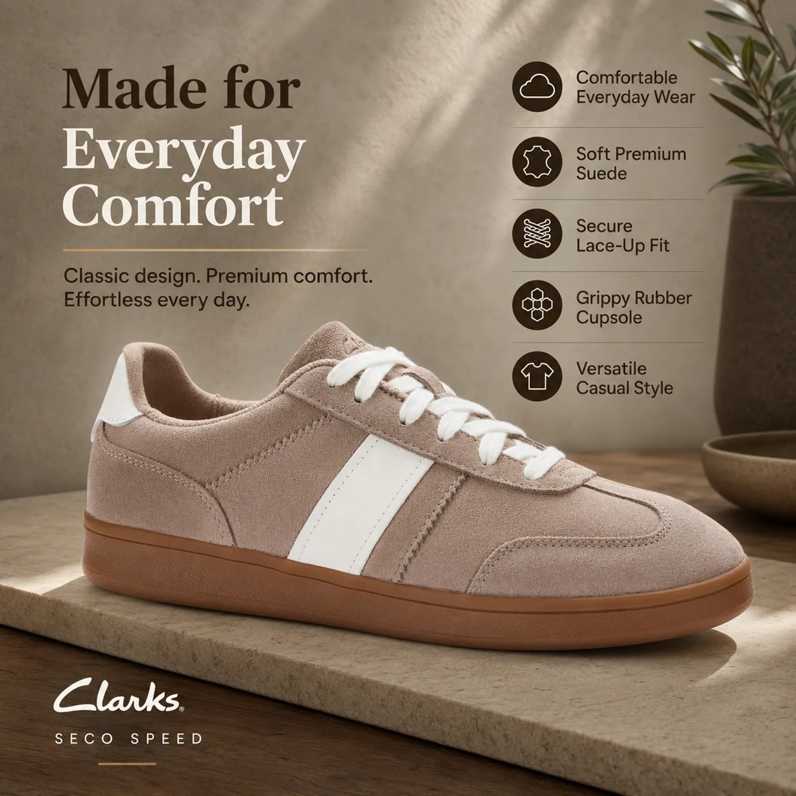 Clarks Seco Speed sneakers featuring padded collar and cushioned everyday comfort