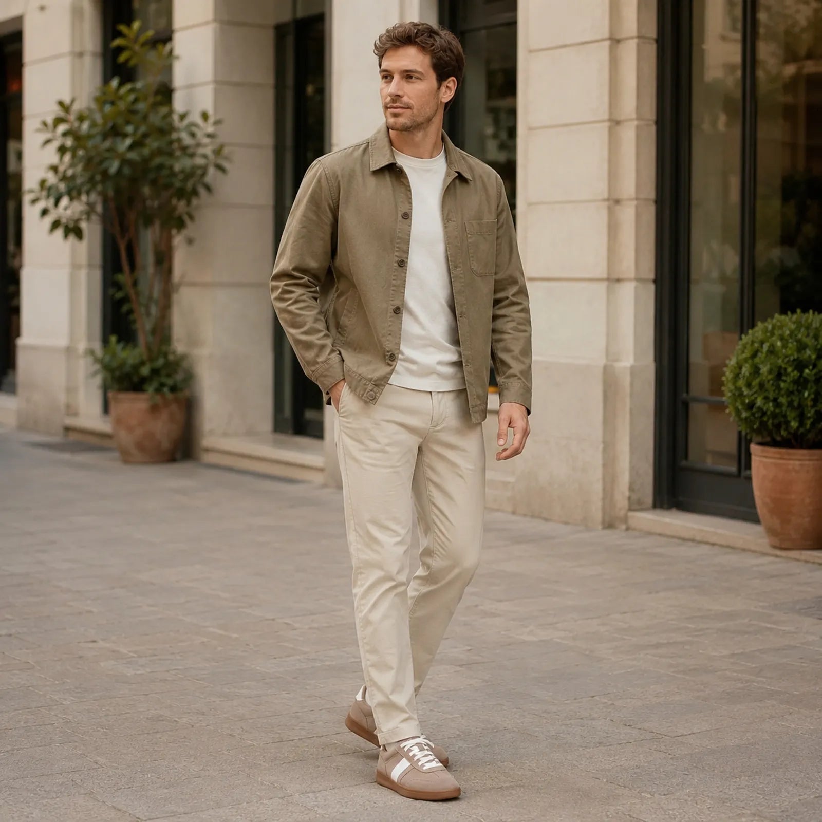 Woman wearing Clarks Seco Speed light brown suede sneakers for casual everyday style