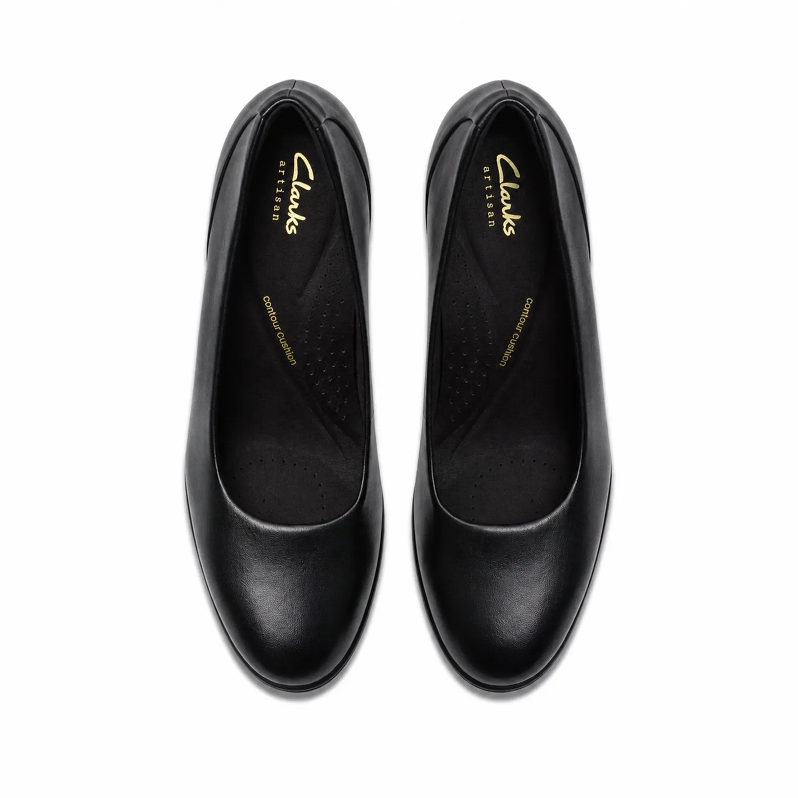 Side view of Clarks Shaya Poppy women's black leather court shoes with 65mm heel