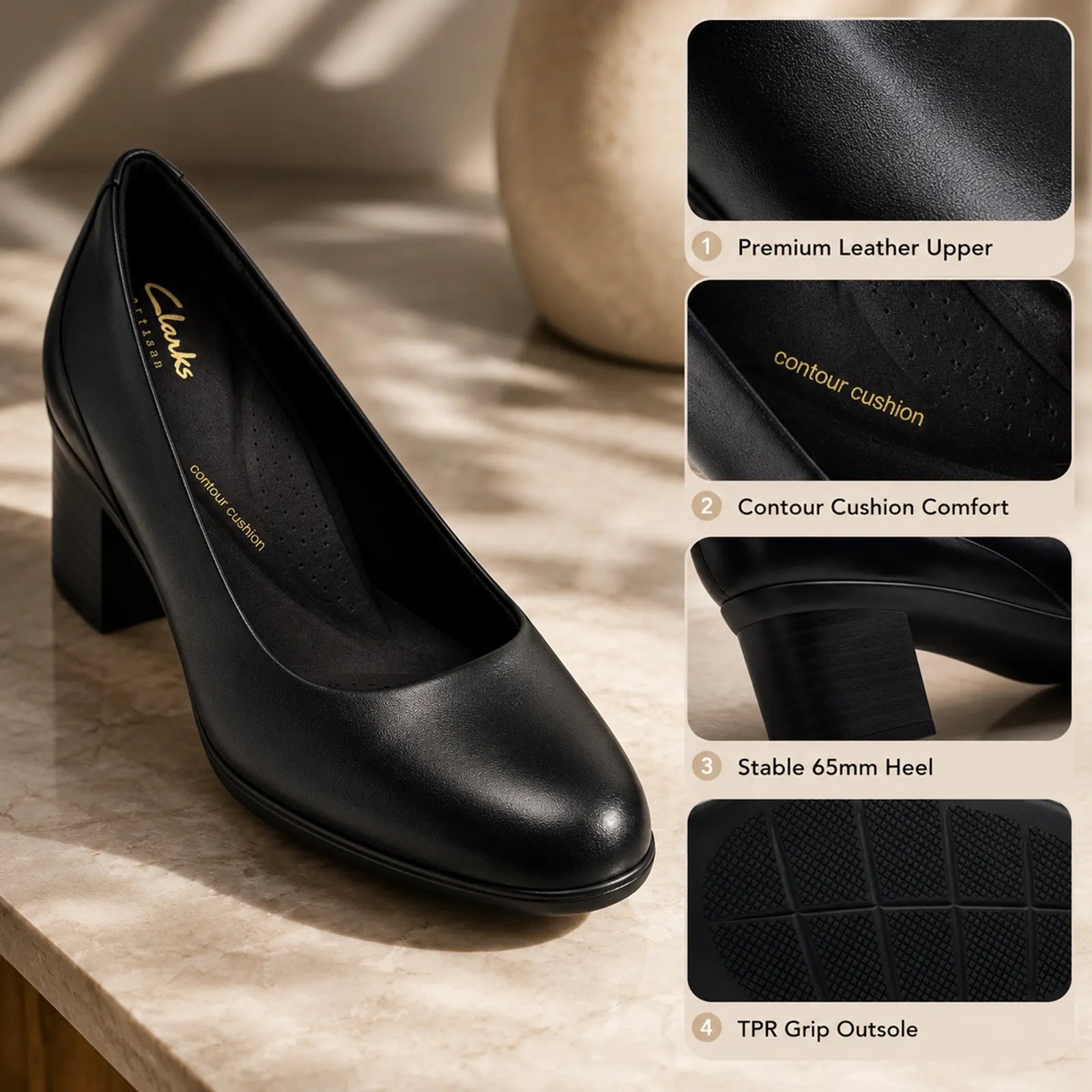 Close-up detail of Clarks Shaya Poppy black leather upper and elegant court shoe design