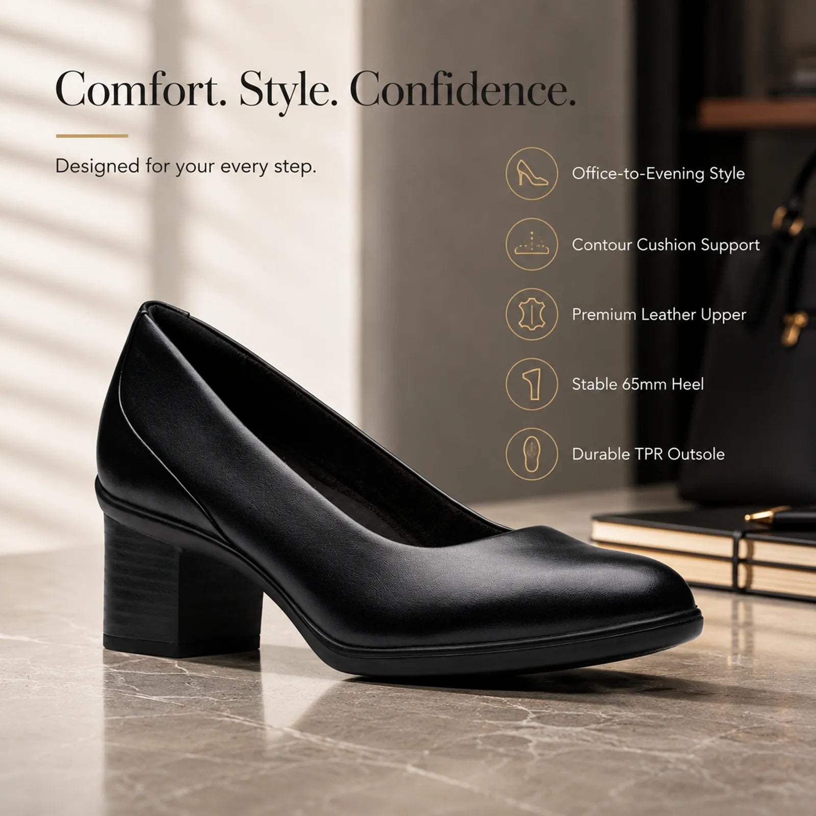 Clarks Shaya Poppy black court shoes featuring Contour Cushion comfort technology