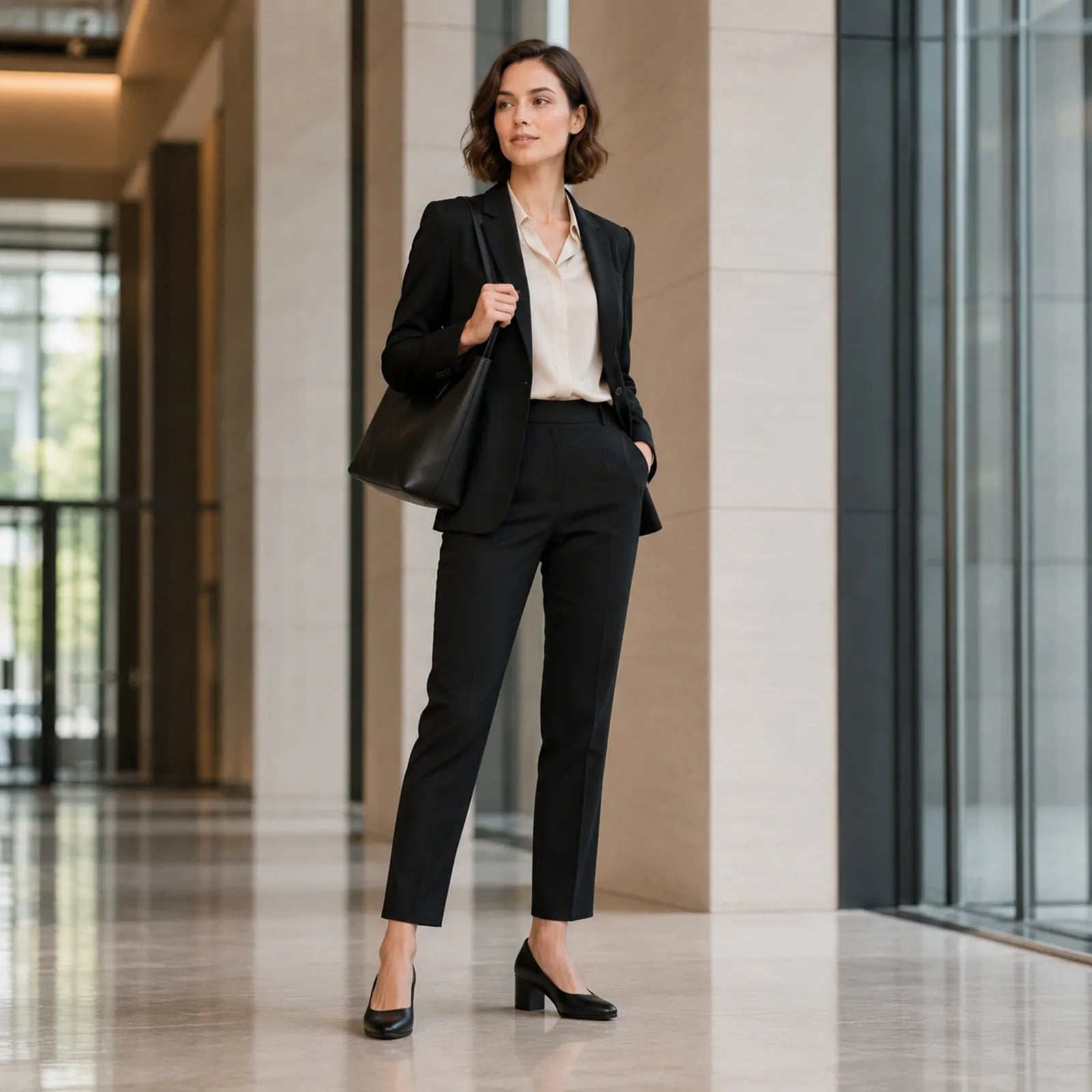 Woman wearing Clarks Shaya Poppy black court shoes with professional office attire