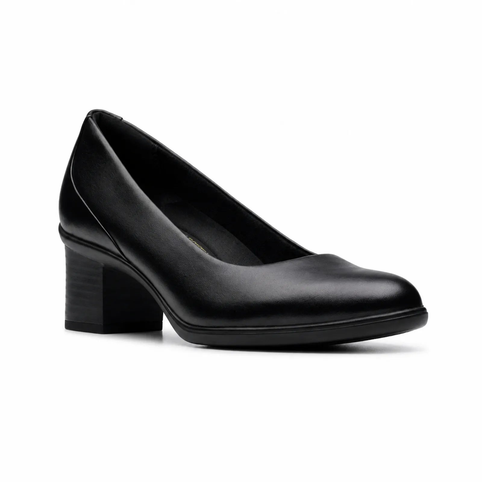 Clarks Shaya Poppy women's black leather court shoes with comfortable mid heel