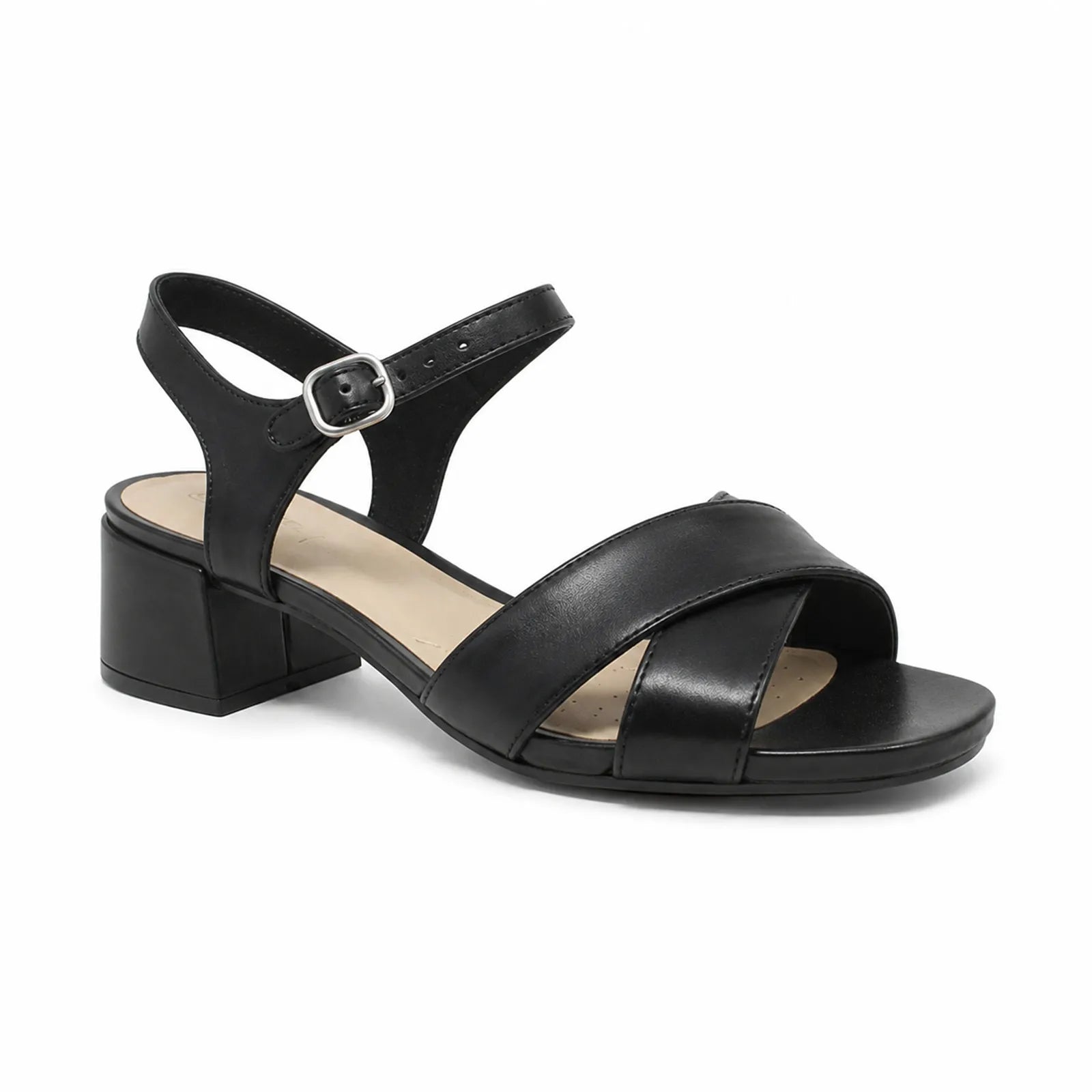 Women's black strappy sandals with ankle buckle and chunky block heel
