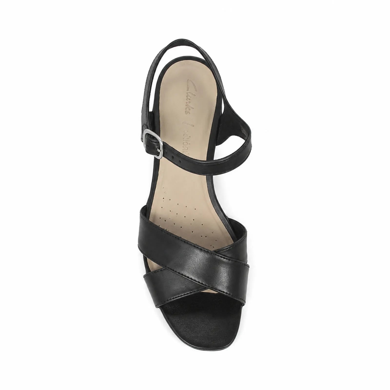 Women's black leather sandals with ankle strap buckle and thick block heel