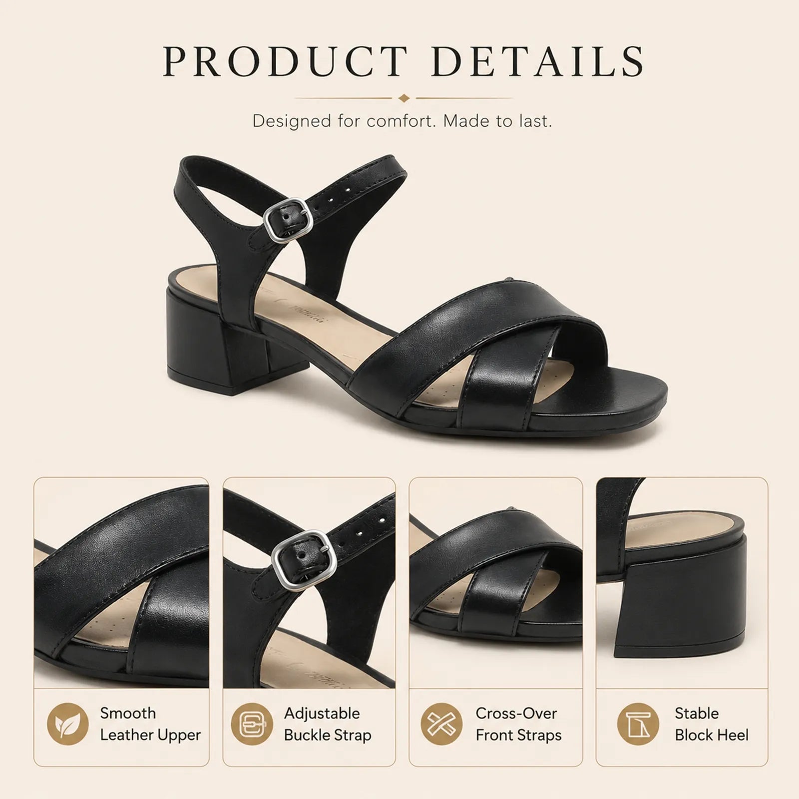 Black leather strappy sandals with adjustable buckle and block heel