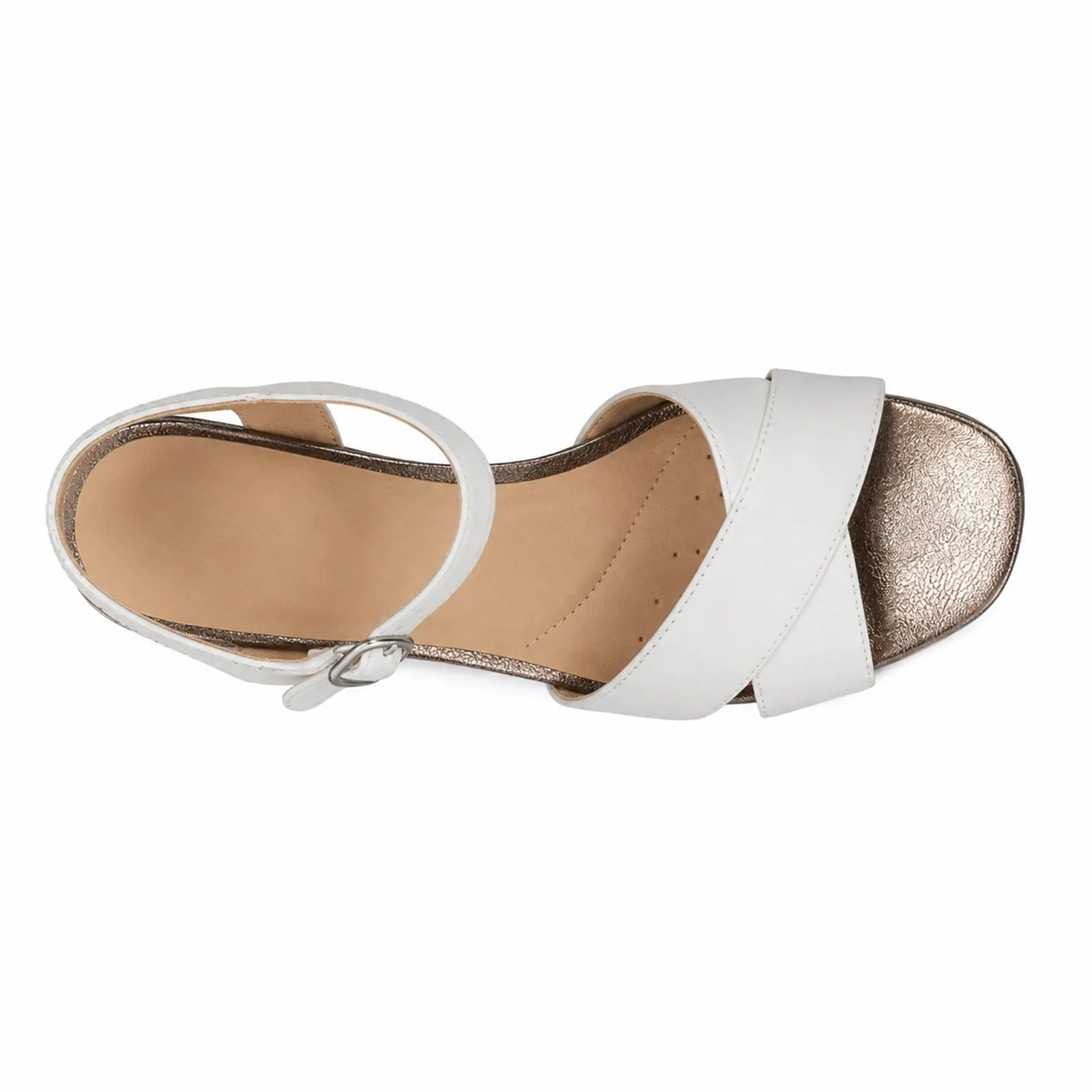 Women's white leather sandals with two straps, ankle buckle, and brown block heel