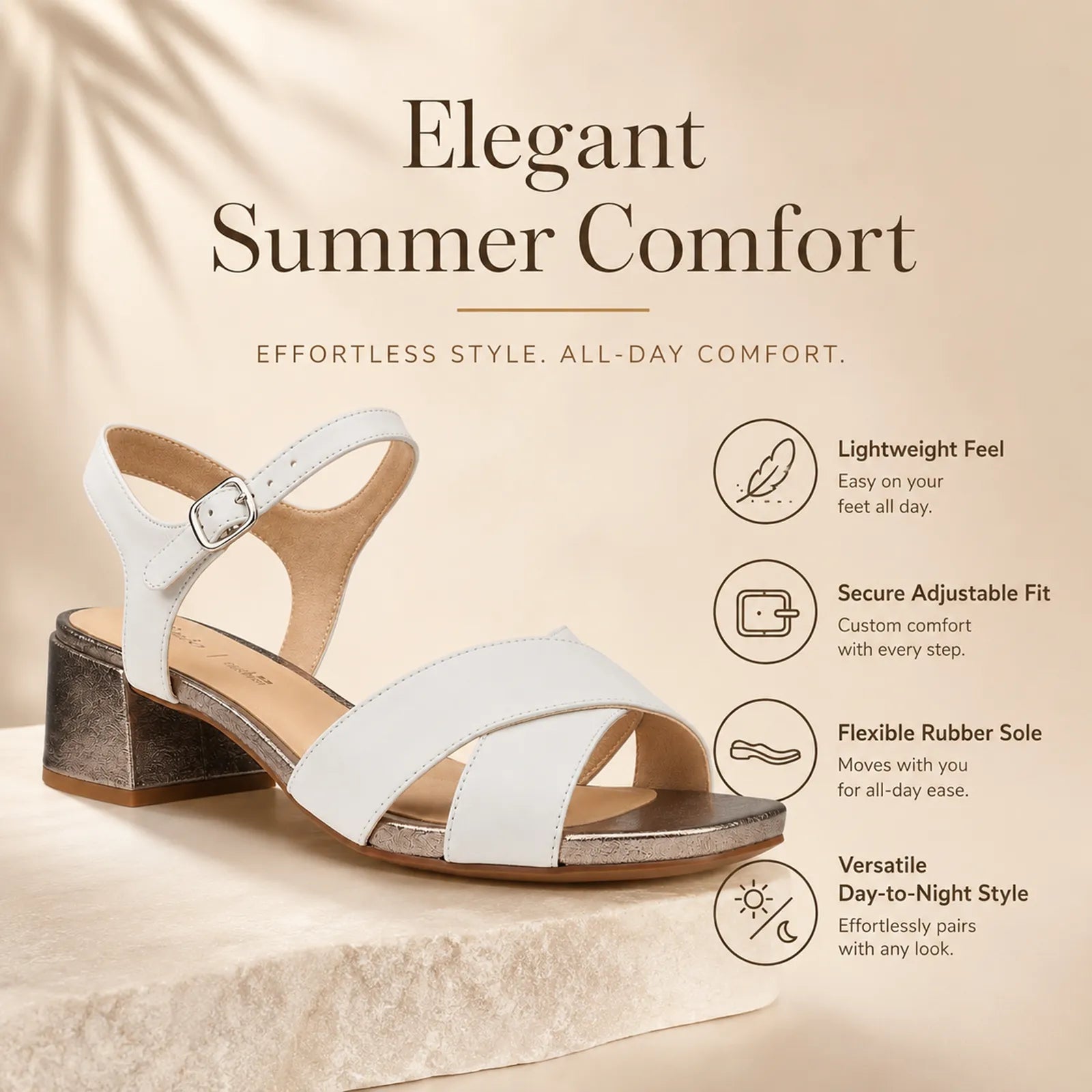 Women's white strappy sandals with ankle buckle and chunky block heel