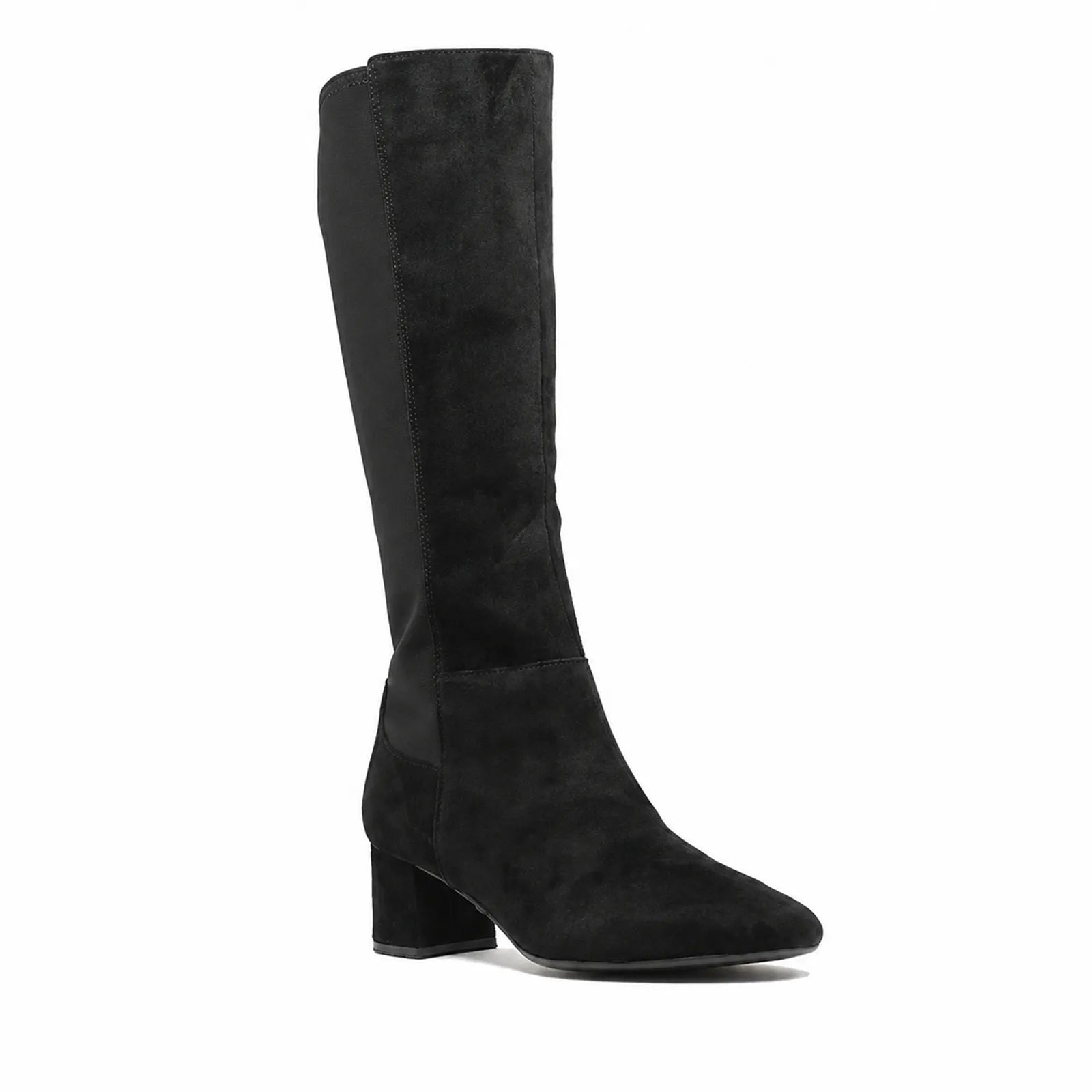 Clarks Sheer55 women’s black suede high boots, block heel and pointed toe