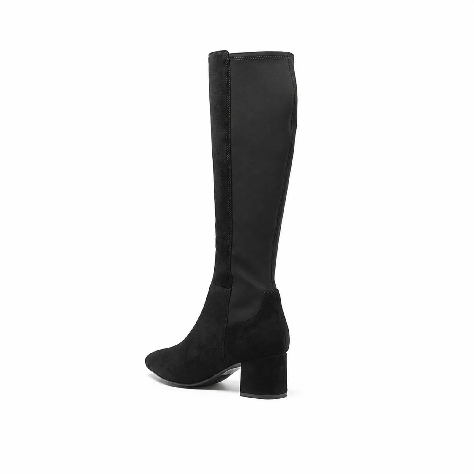 Clarks Sheer55 women’s black suede tall boots with thick block heel and sleek upper