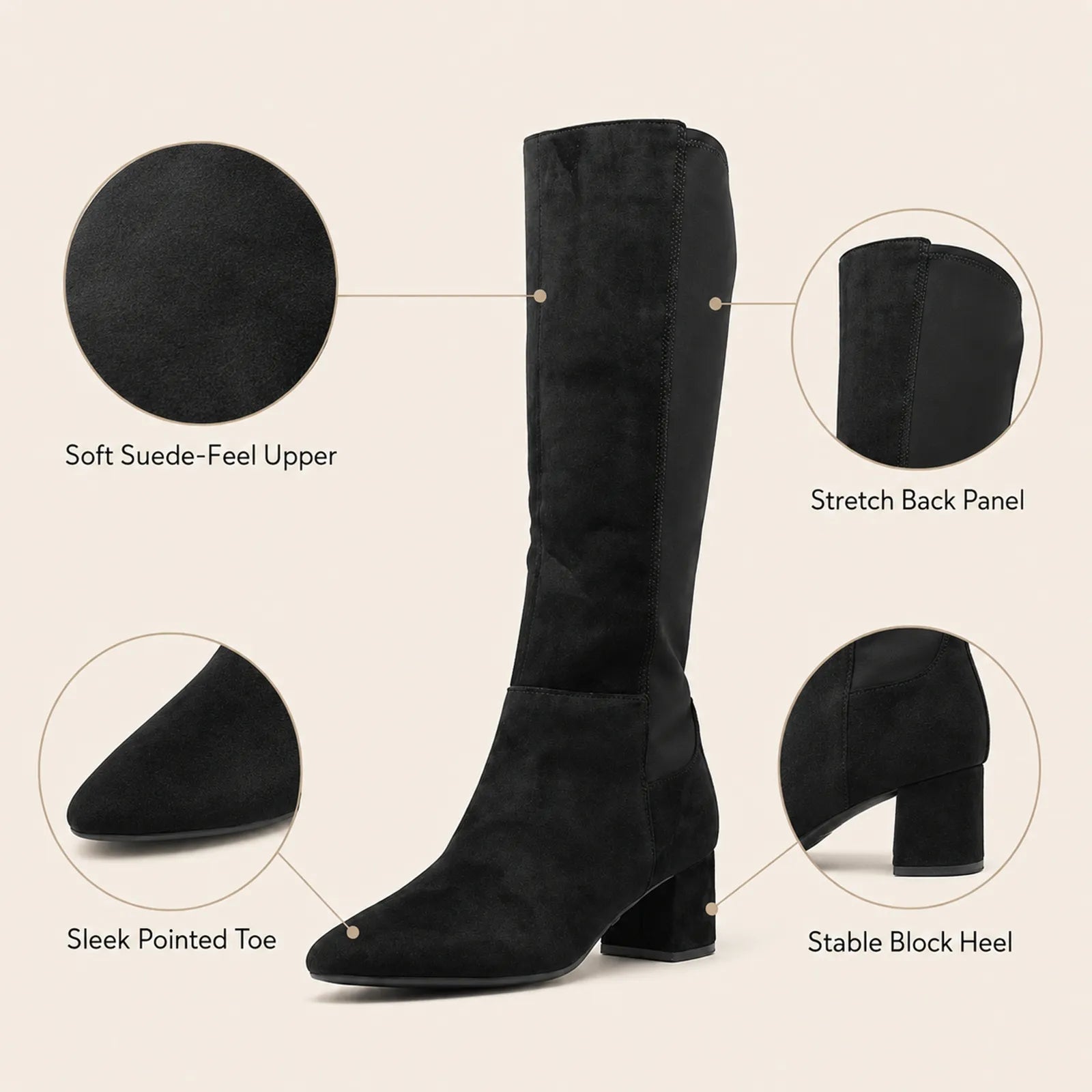 Clarks Sheer55 women’s black suede tall boots with pointed toe and stable block heel