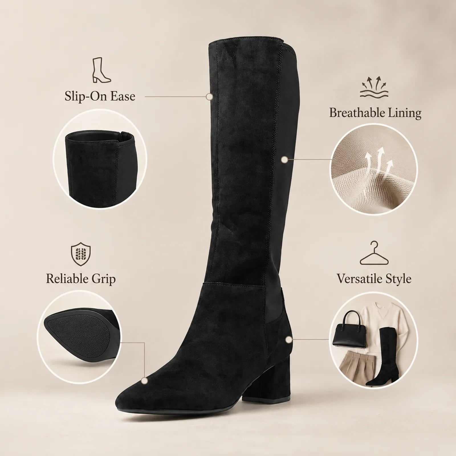 Clarks Sheer55 women’s black suede tall boots with pull-on opening and block heel