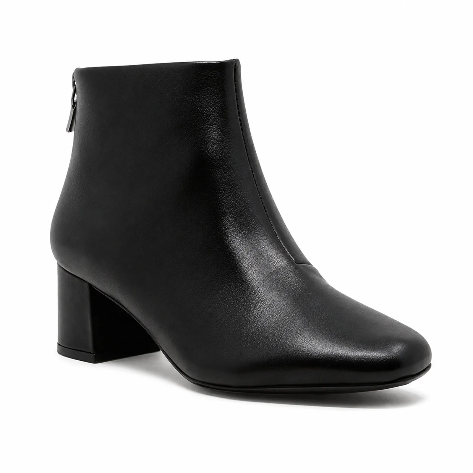 Black leather ankle boot with side zipper and low stacked heel