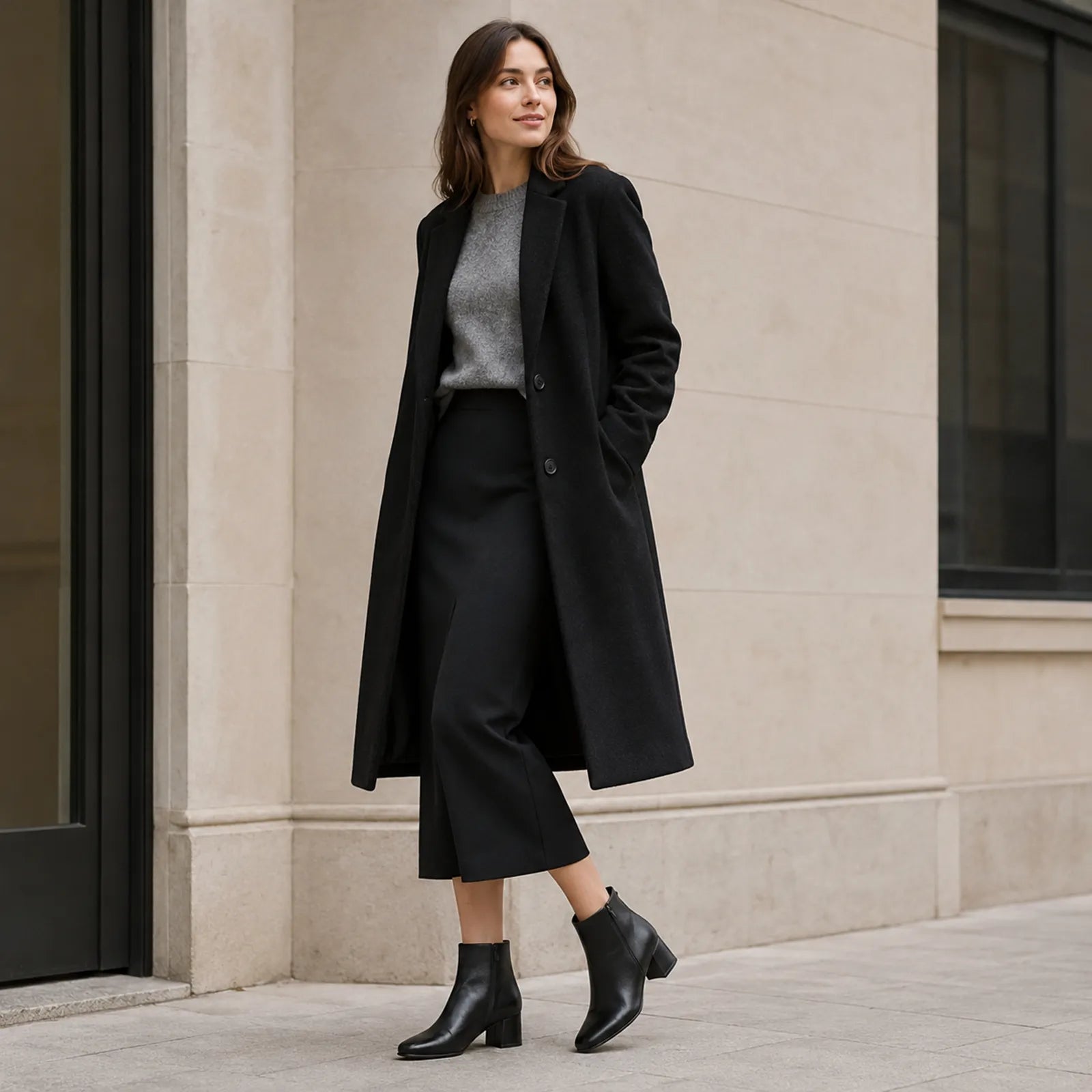 Women¡¯s black leather ankle boots with block heel and side zip