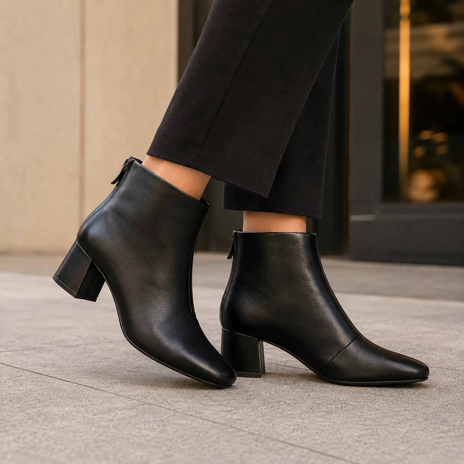 Black leather ankle boots with block heel and side zip, low cut