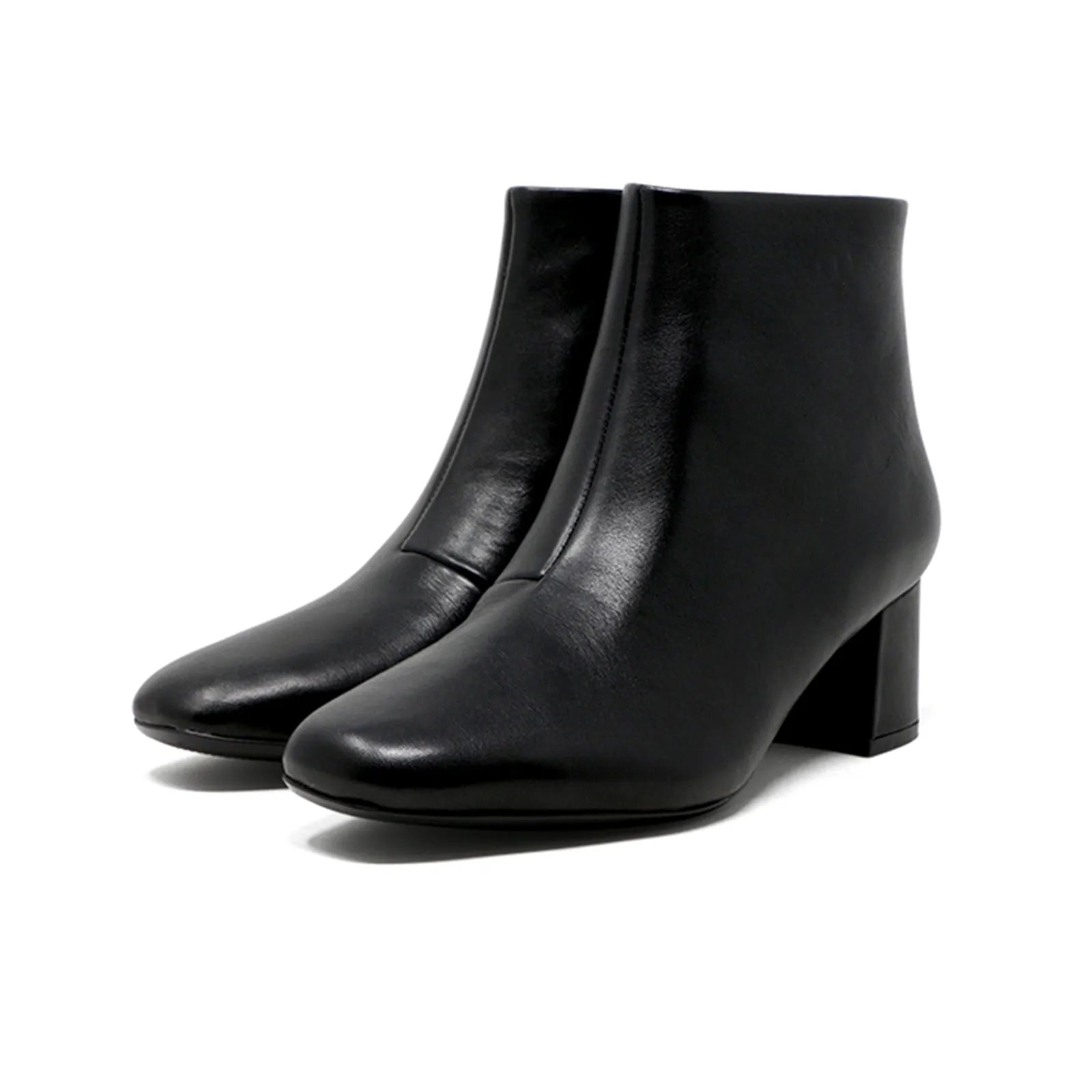 Pair of black leather ankle boots with side zipper and block heel