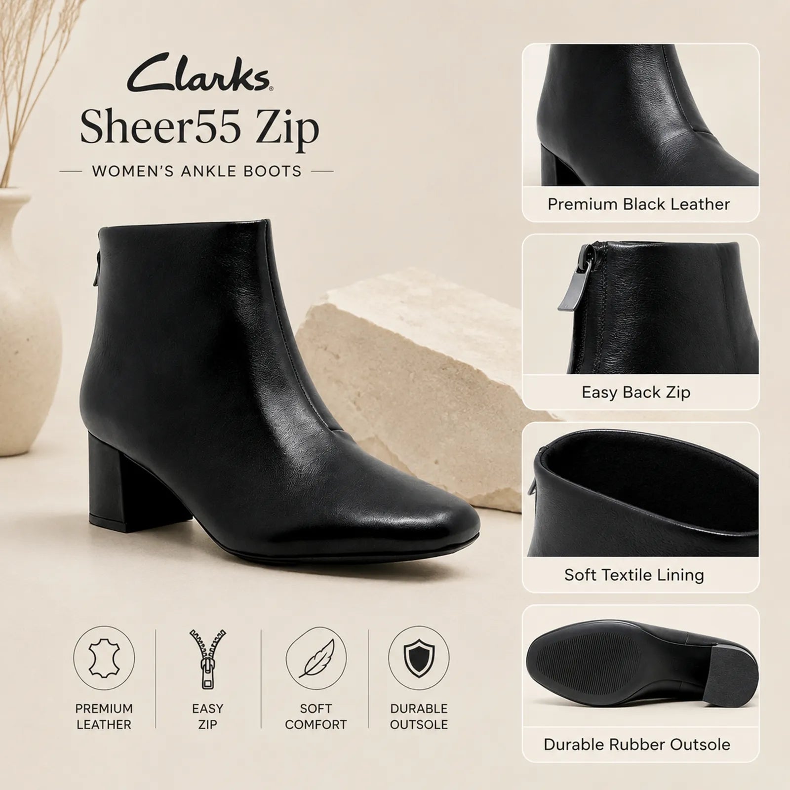 Clarks Sheer55 Zip black leather ankle boot with back zipper and cushioned lining