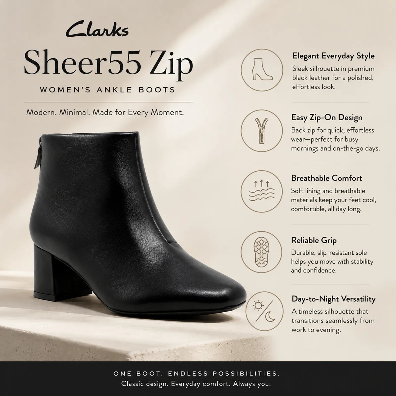 Black leather ankle boot with side zip and block heel