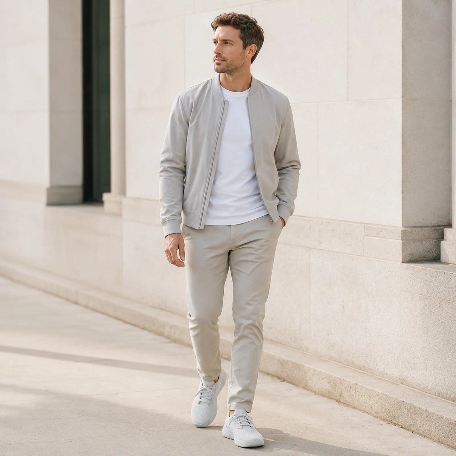 Men's light gray textile sneakers worn with casual pants