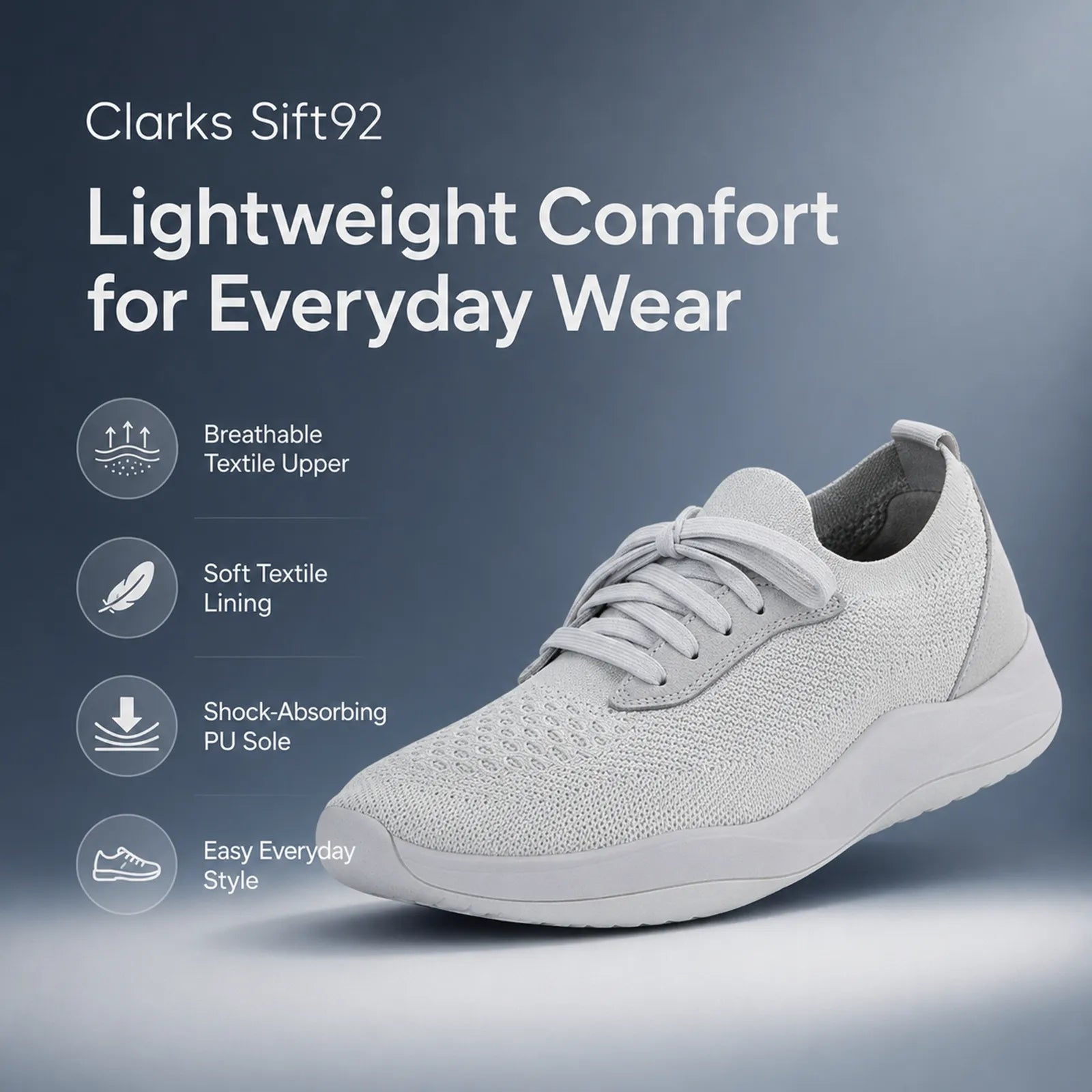 Light gray Clarks Sift92 lace-up sneakers with textured knit upper