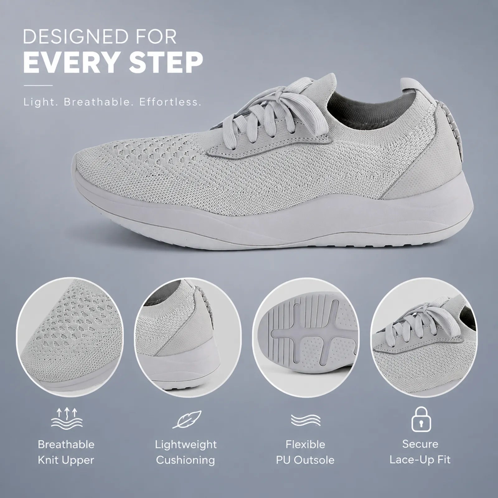 Light gray knit lace-up sneakers with cushioned midsole