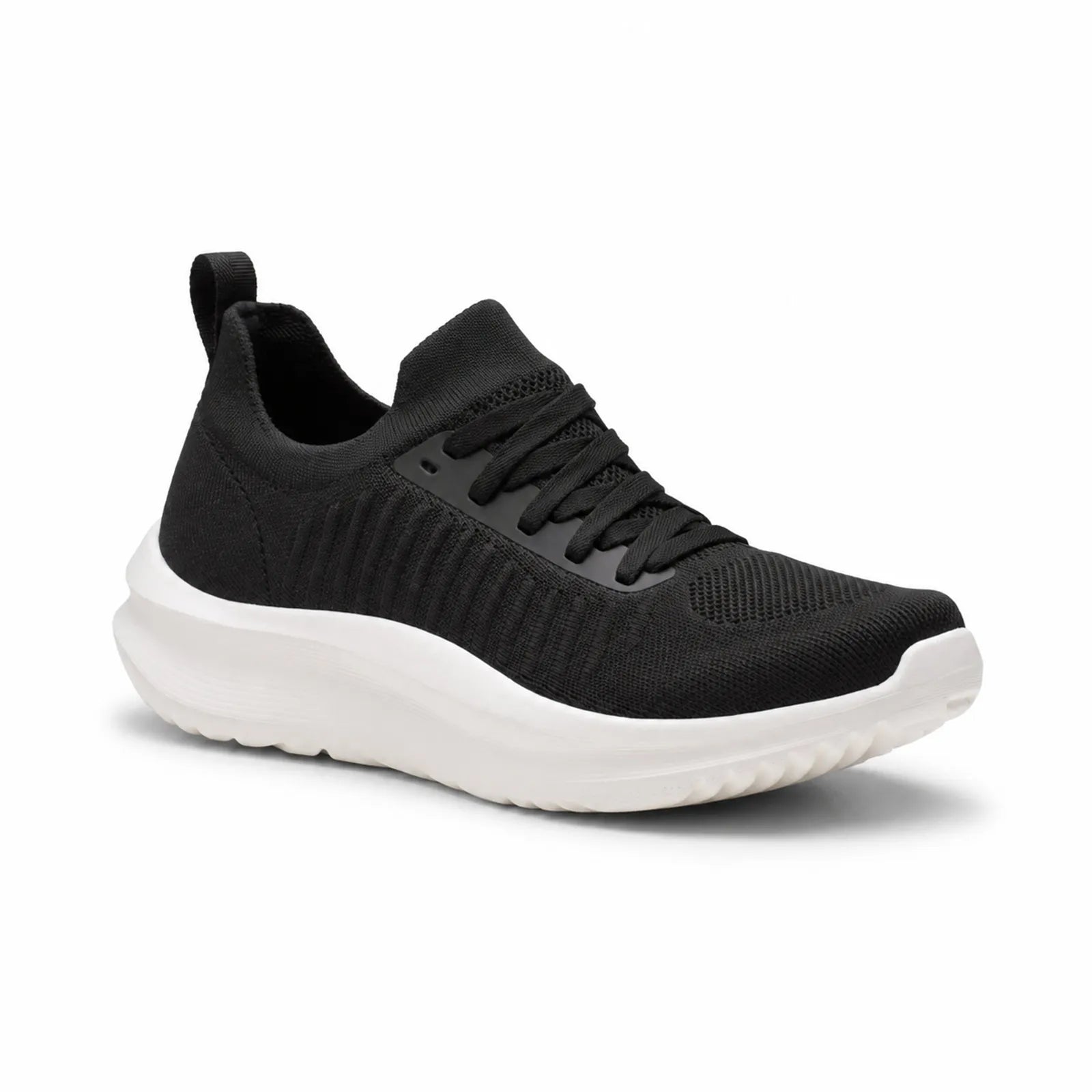 Black knit lace-up women's sneakers with cushioned sole and padded collar