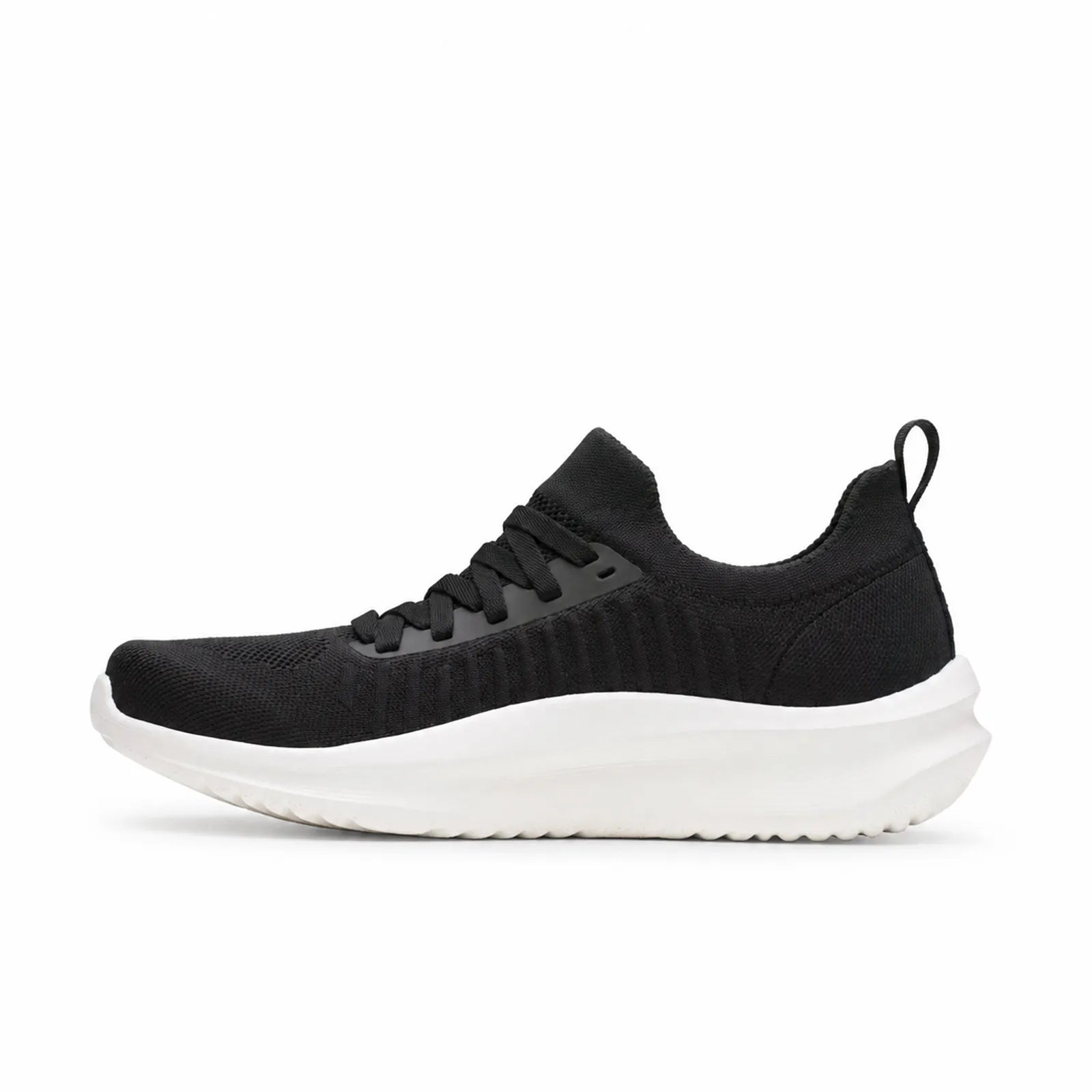 Black knit lace-up sneakers with cushioned sole, side angle
