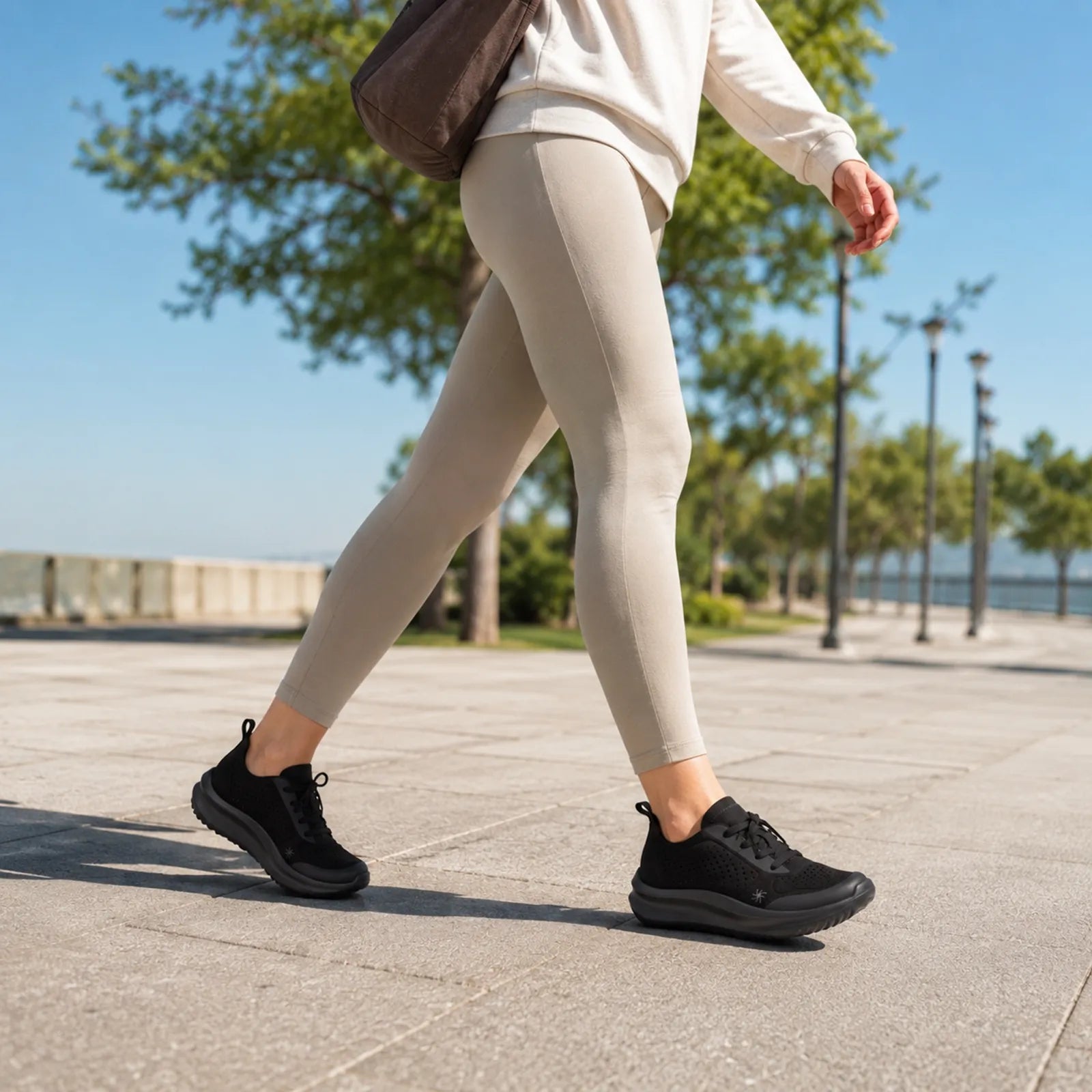 Women's off-white lace-up sneakers on feet with cushioned, chunky sole