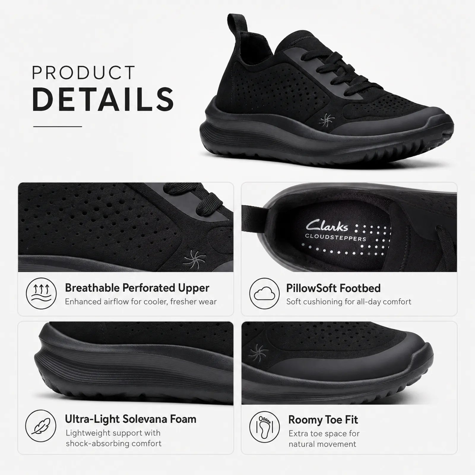Women's black sneakers showing side and outsole detail with perforated upper