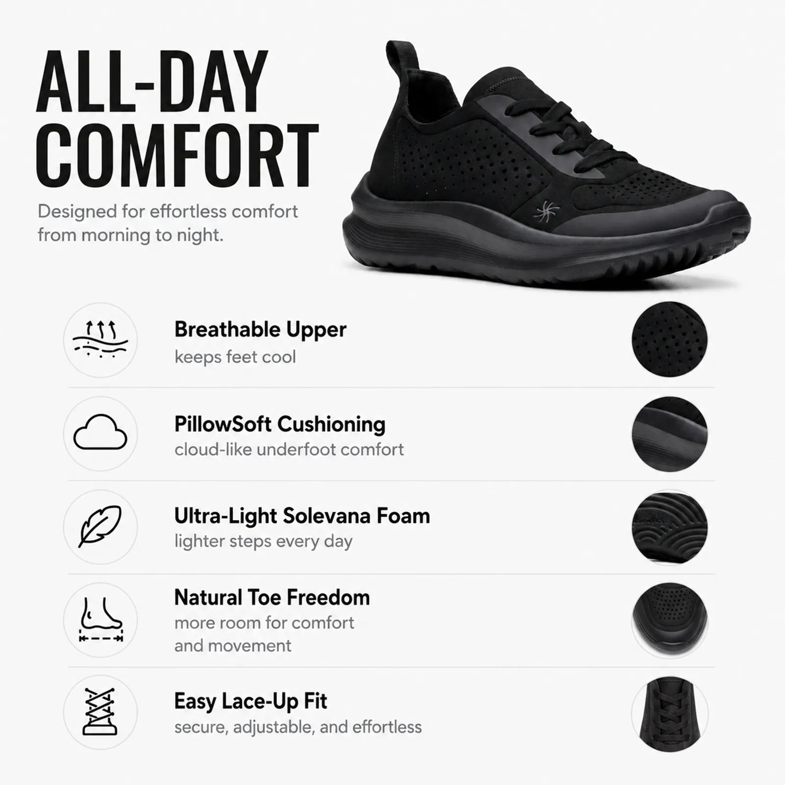 Women's black lace-up sneakers with perforated upper and padded sole