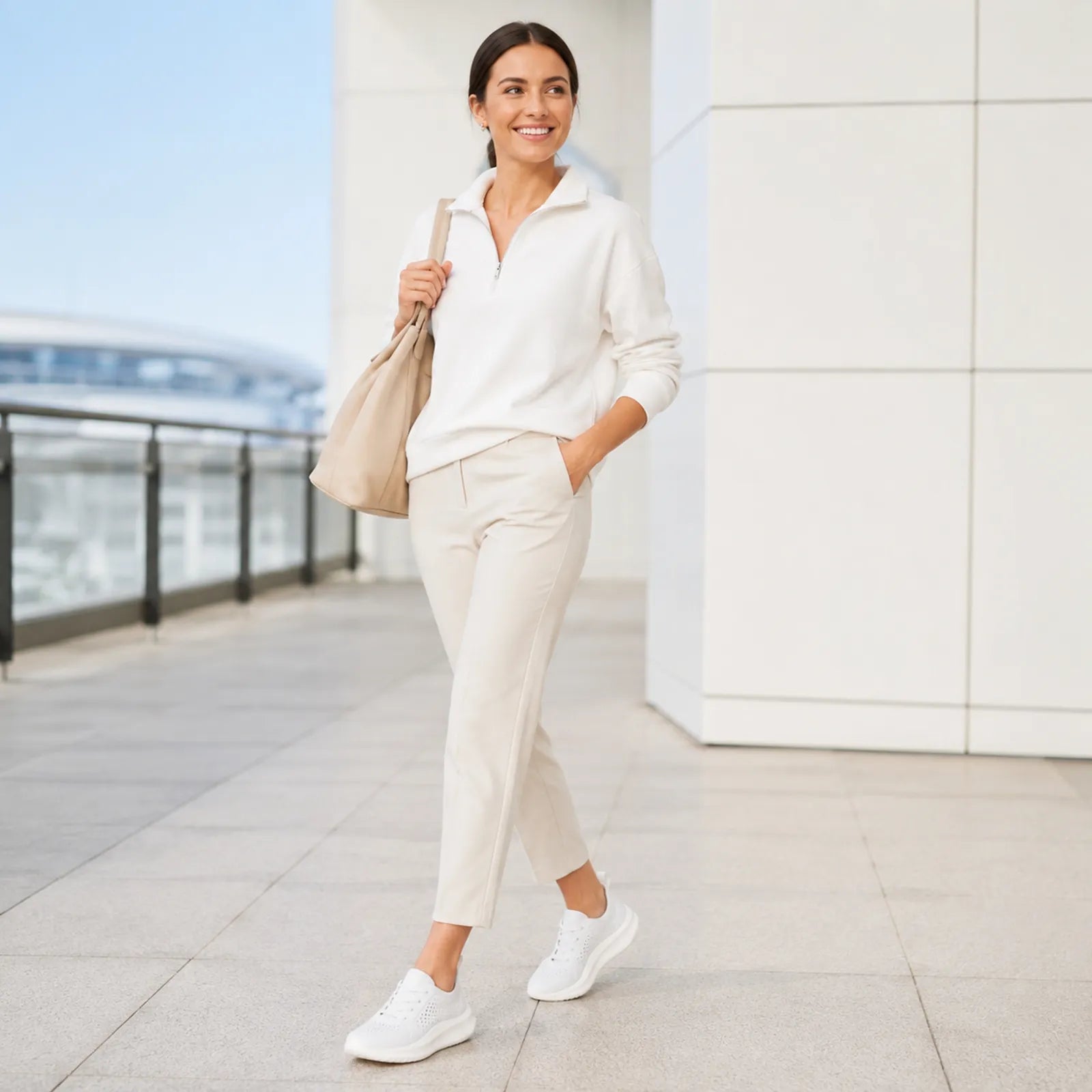 Women’s off-white tie sneakers worn with matching pants