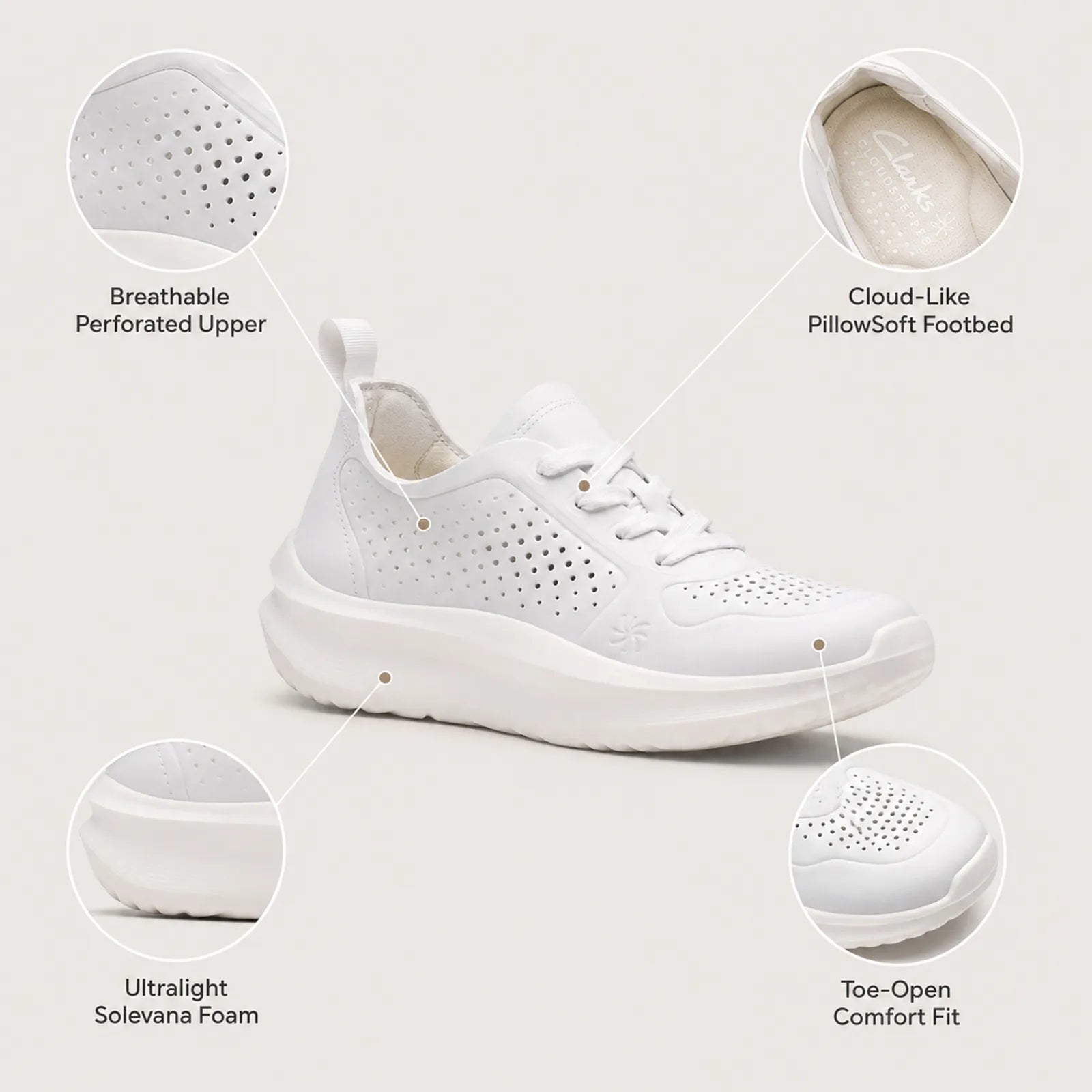 Off-white women’s tie sneakers with breathable perforated upper and cushioned sole