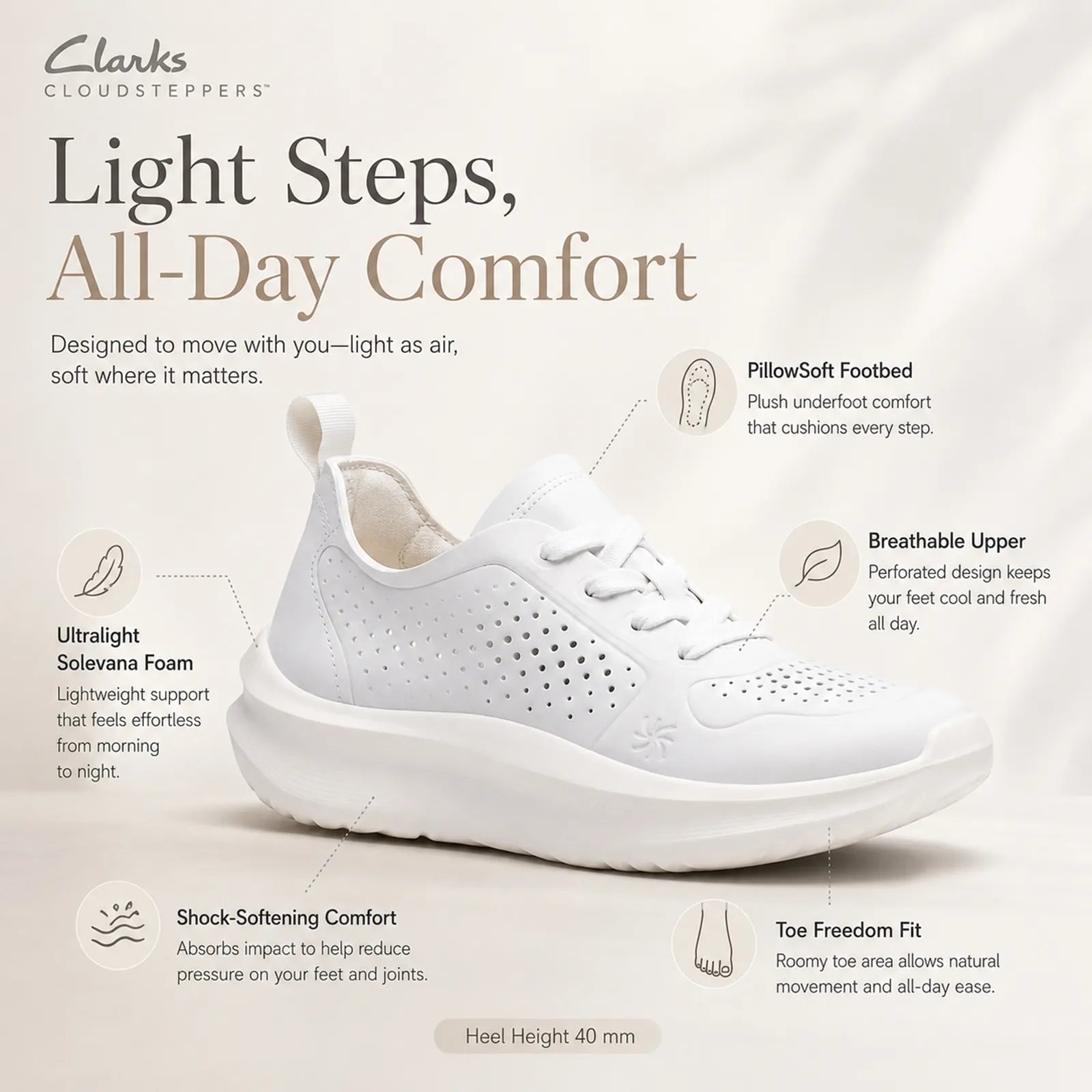 Off-white women’s tie sneakers with lace-up front and cushioned CloudStep sole