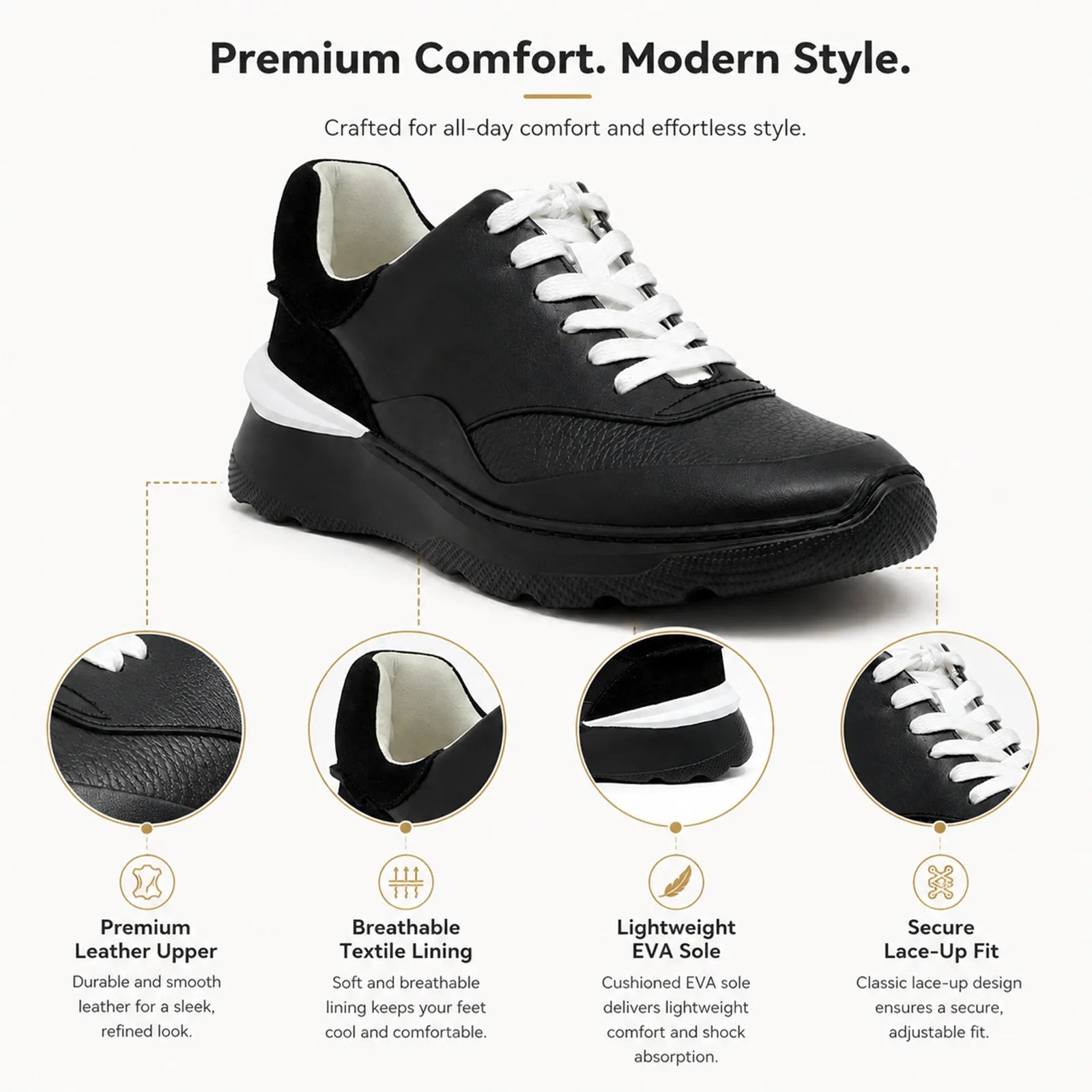 Women's black leather lace-up sneakers with white laces and thick cushioned midsole