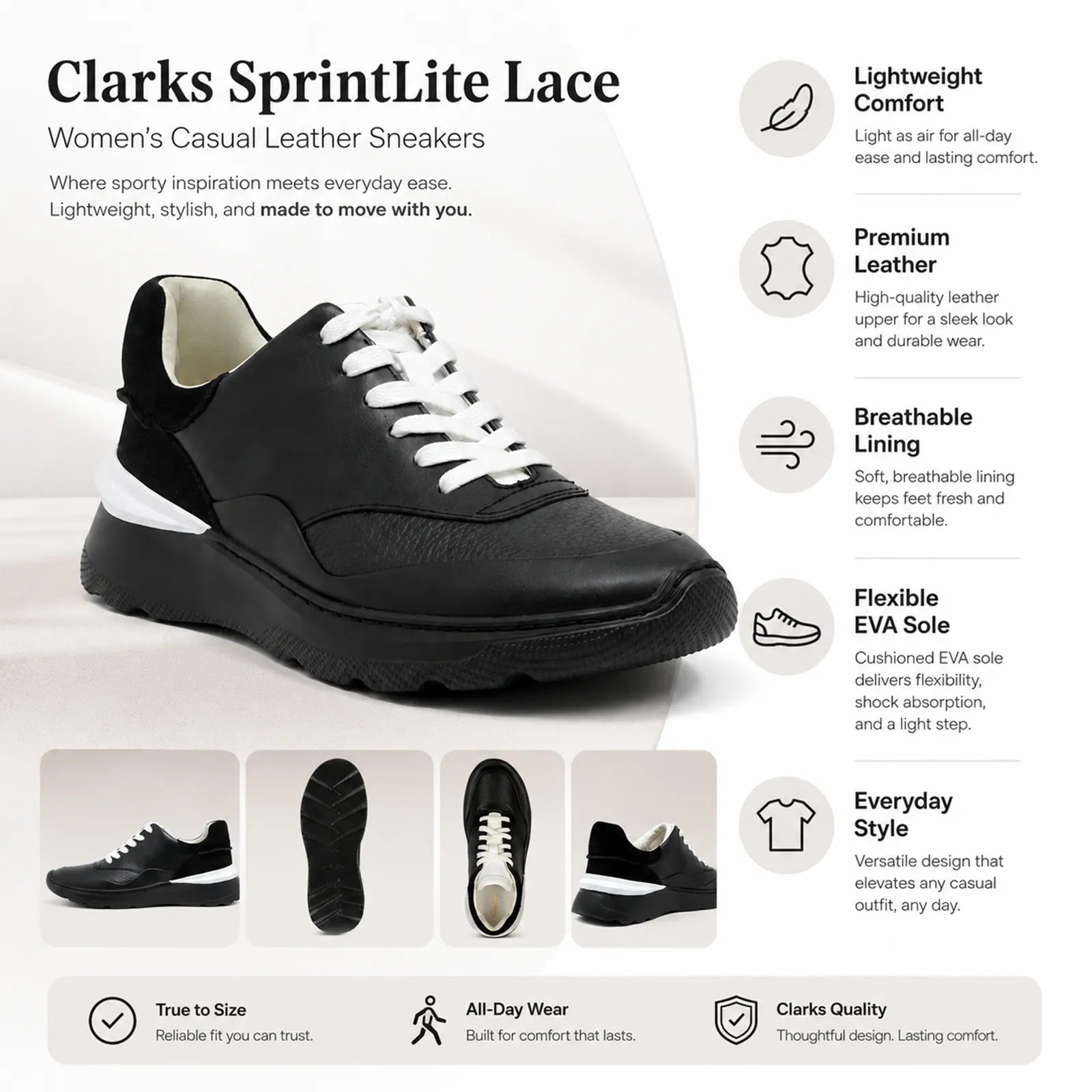 Women's black leather lace-up sneakers with white laces and chunky cushioned sole
