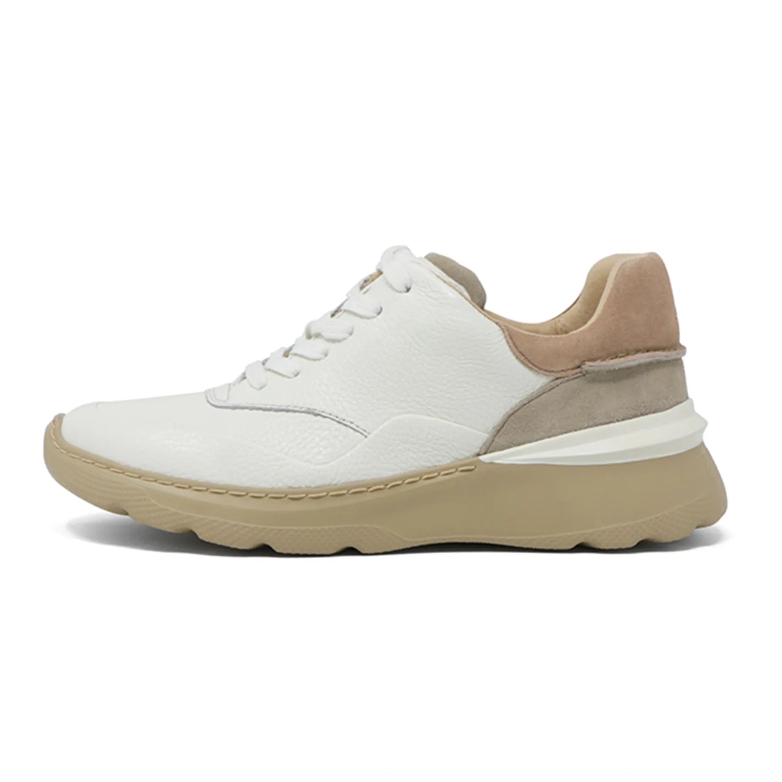 White leather lace-up women's sneakers with tan suede heel and chunky sole