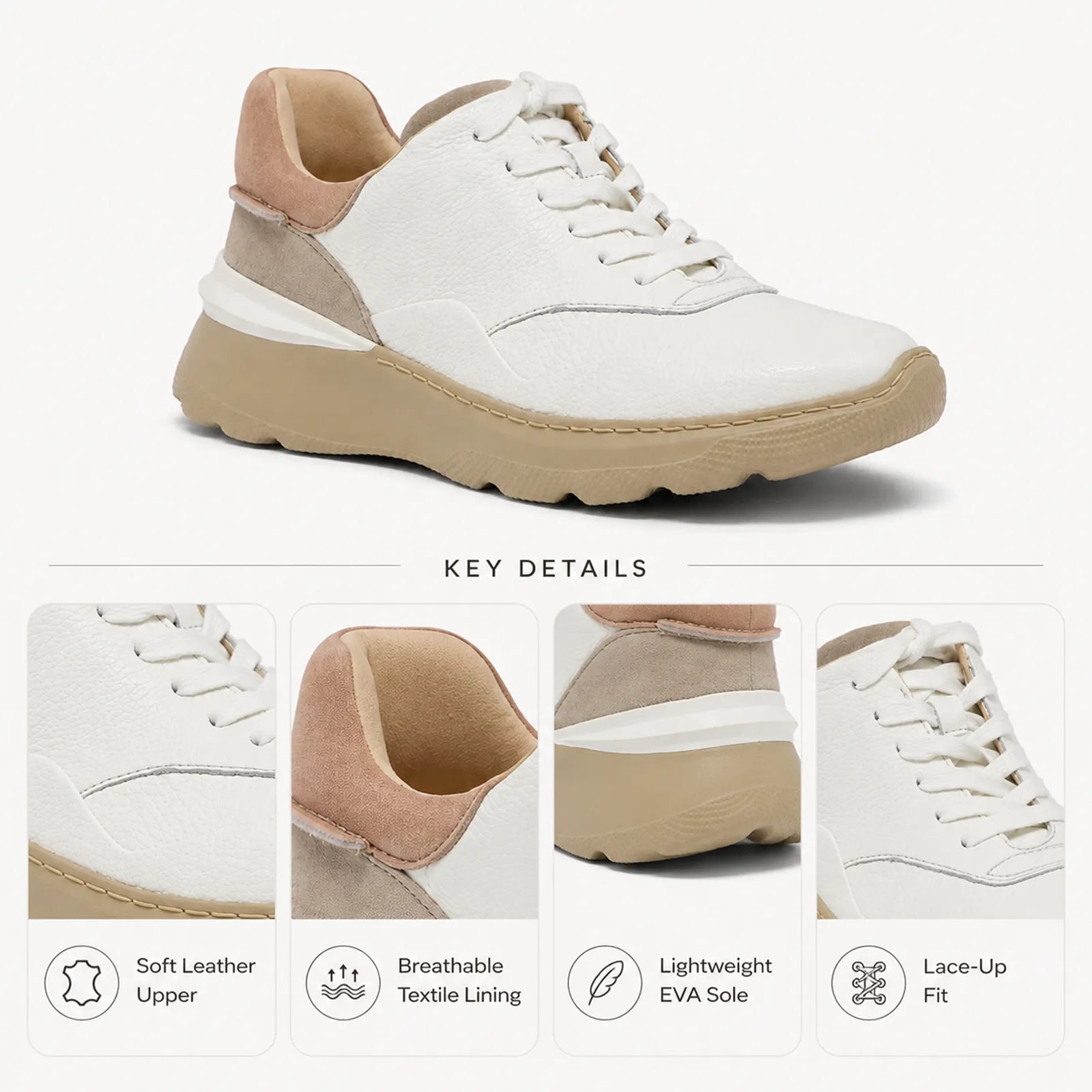 White leather lace-up sneaker with tan suede collar and thick rubber sole