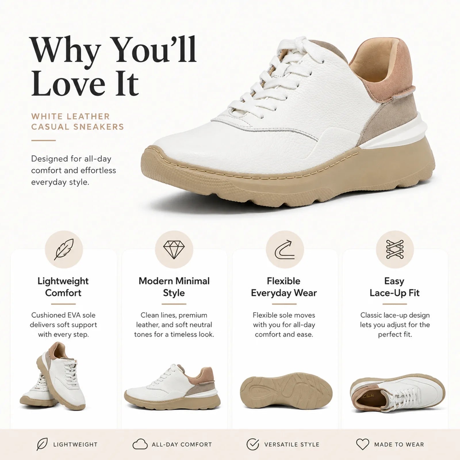 White lace-up women's sneaker with tan suede heel collar and cushioned sole