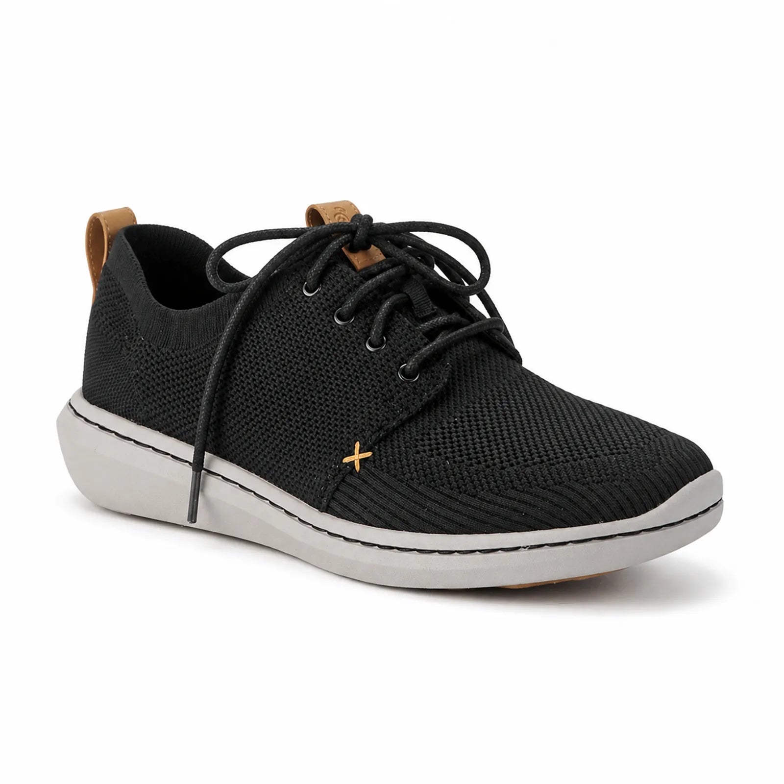 Black knit lace-up men's sneakers with cushioned white rubber sole