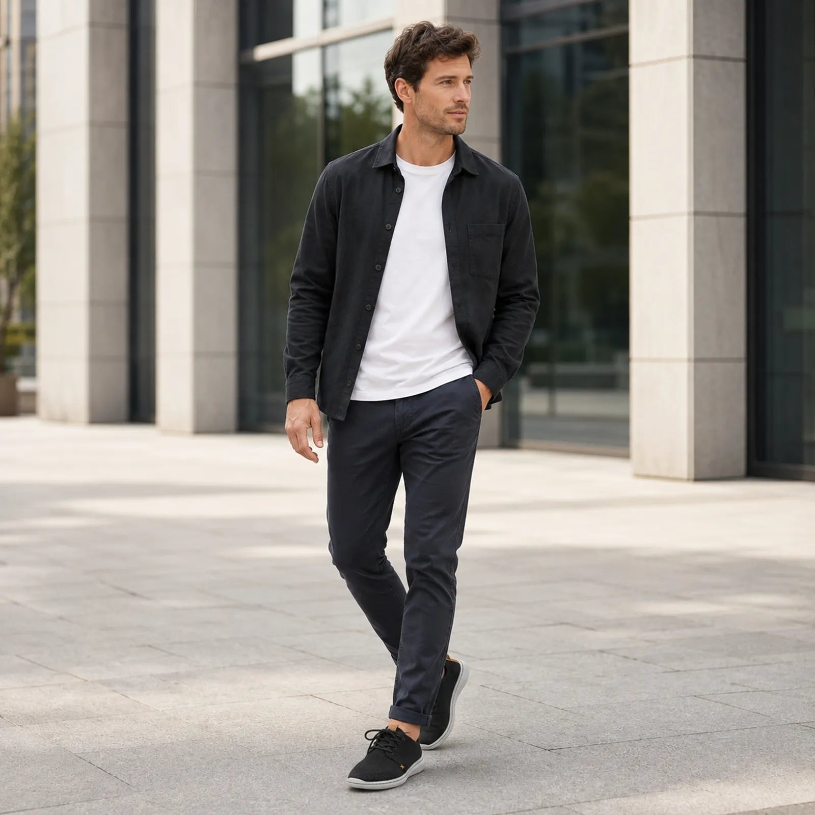Men's black lace-up sneakers on pavement, low-top knit upper and white sole