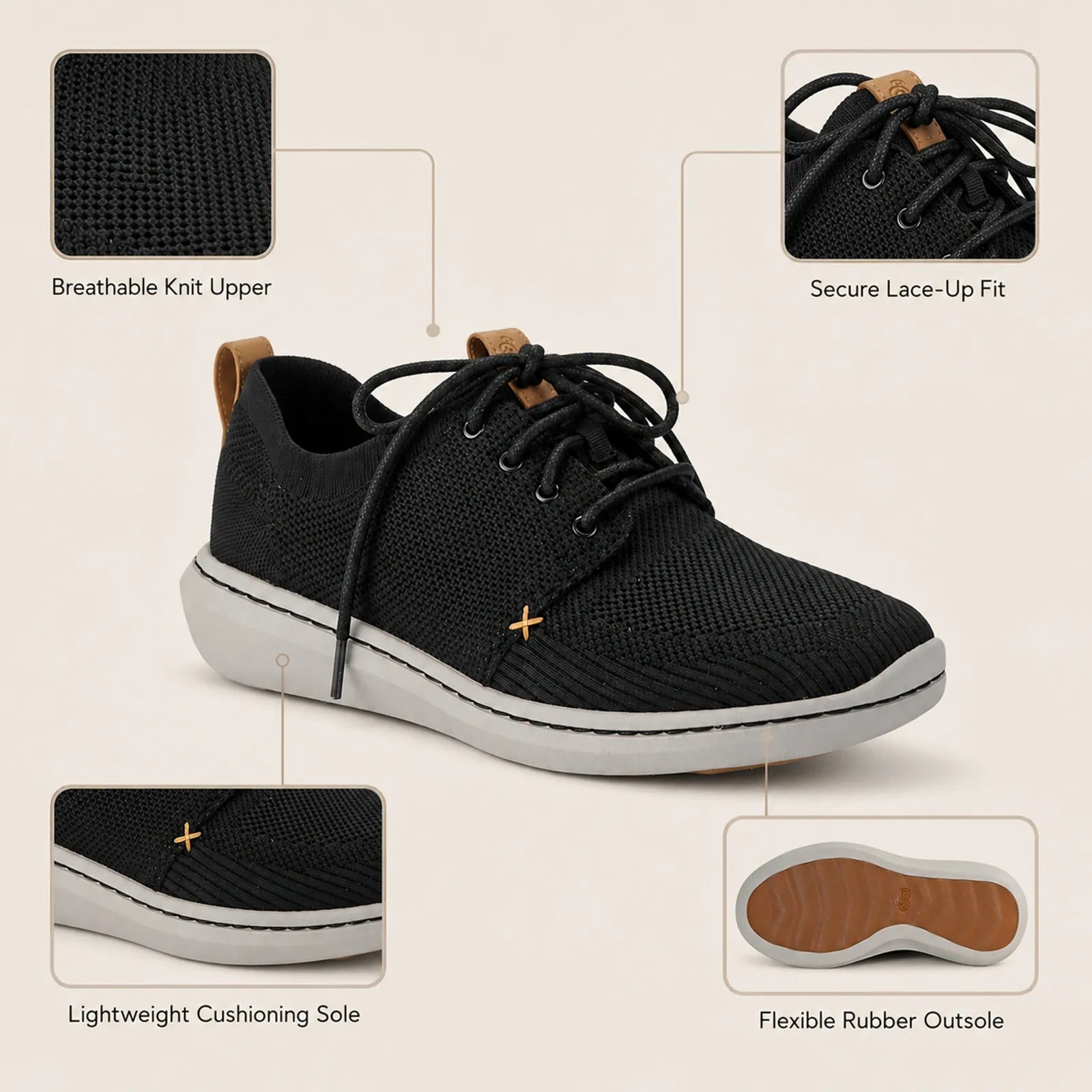 Black knit men's sneakers with lace-up closure, lightweight white sole and rubber outsole