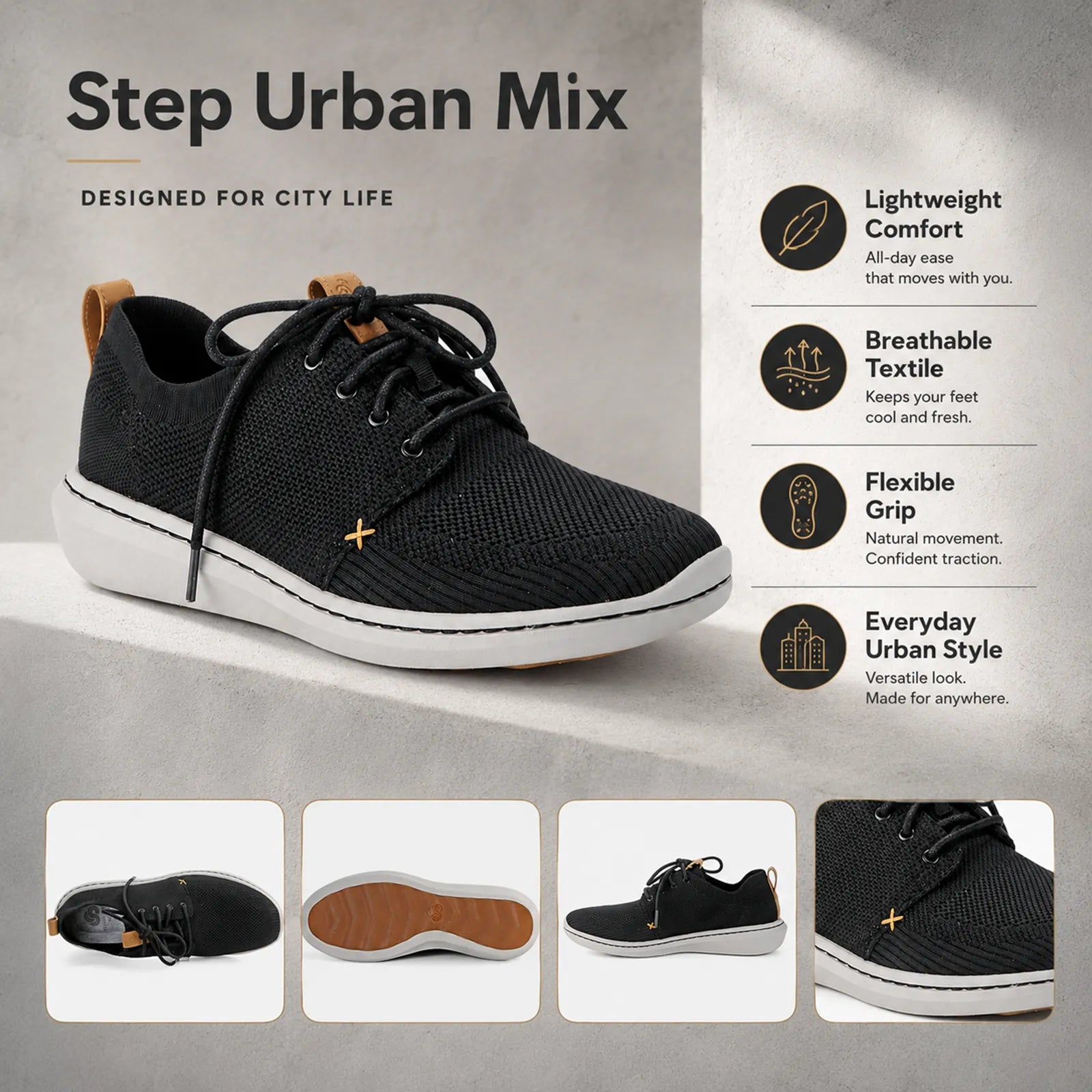Black lace-up low-top sneakers with white sole, breathable knit upper