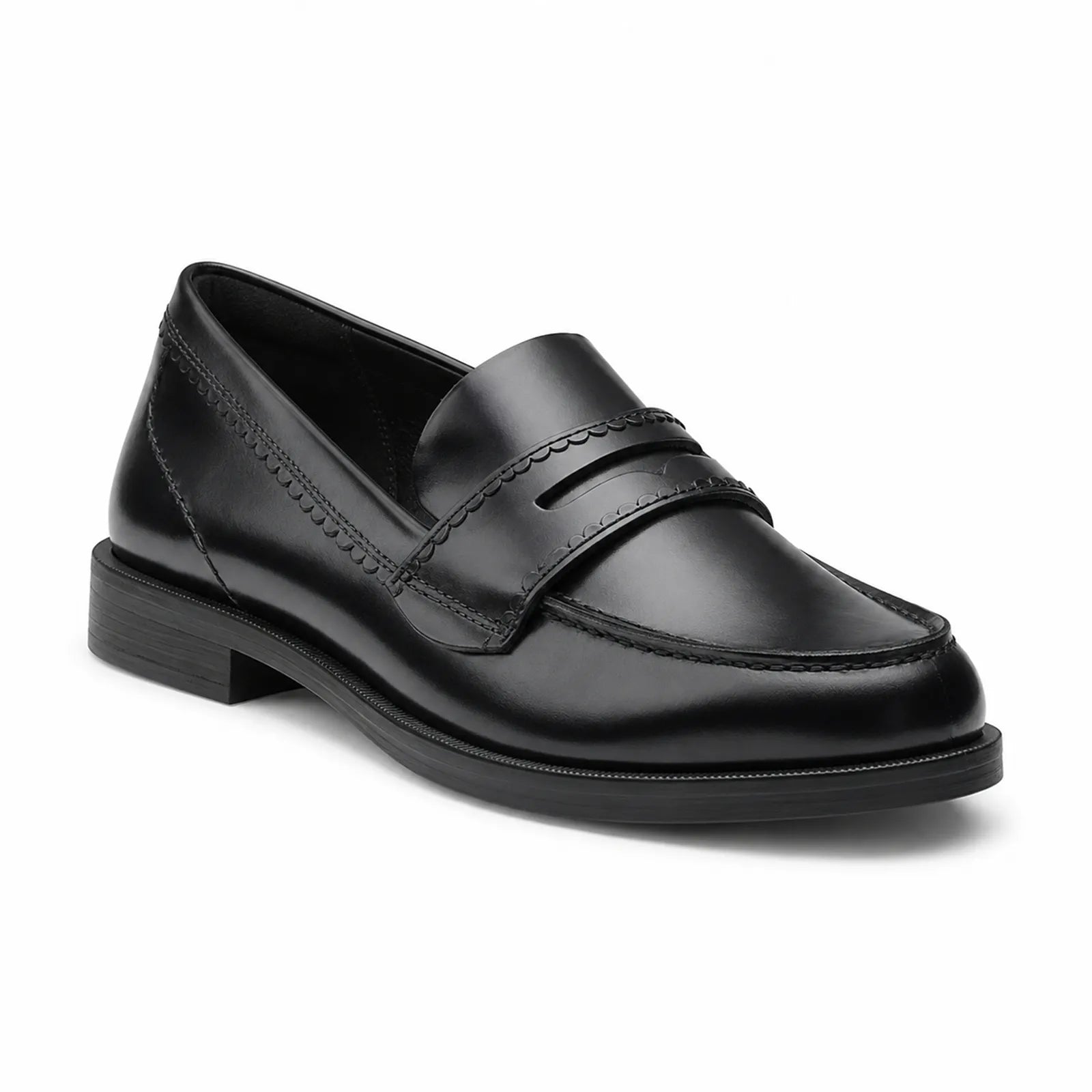 Women’s black leather loafer with penny vamp and stitched detailing