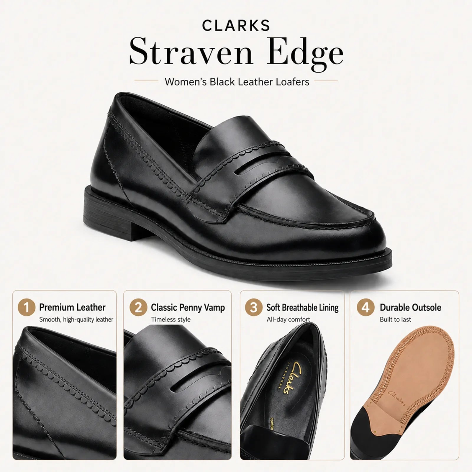 Women’s black leather loafer with penny vamp and curved moc stitching