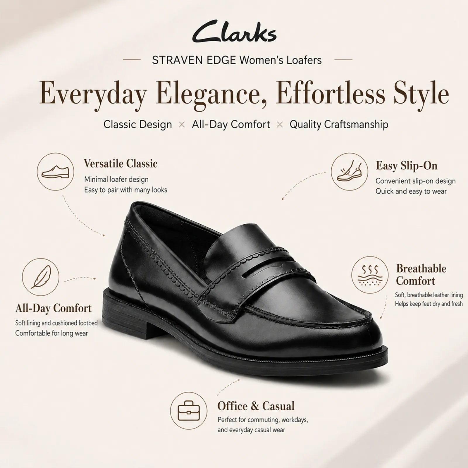 Women’s black leather loafer, slip-on style with penny vamp design