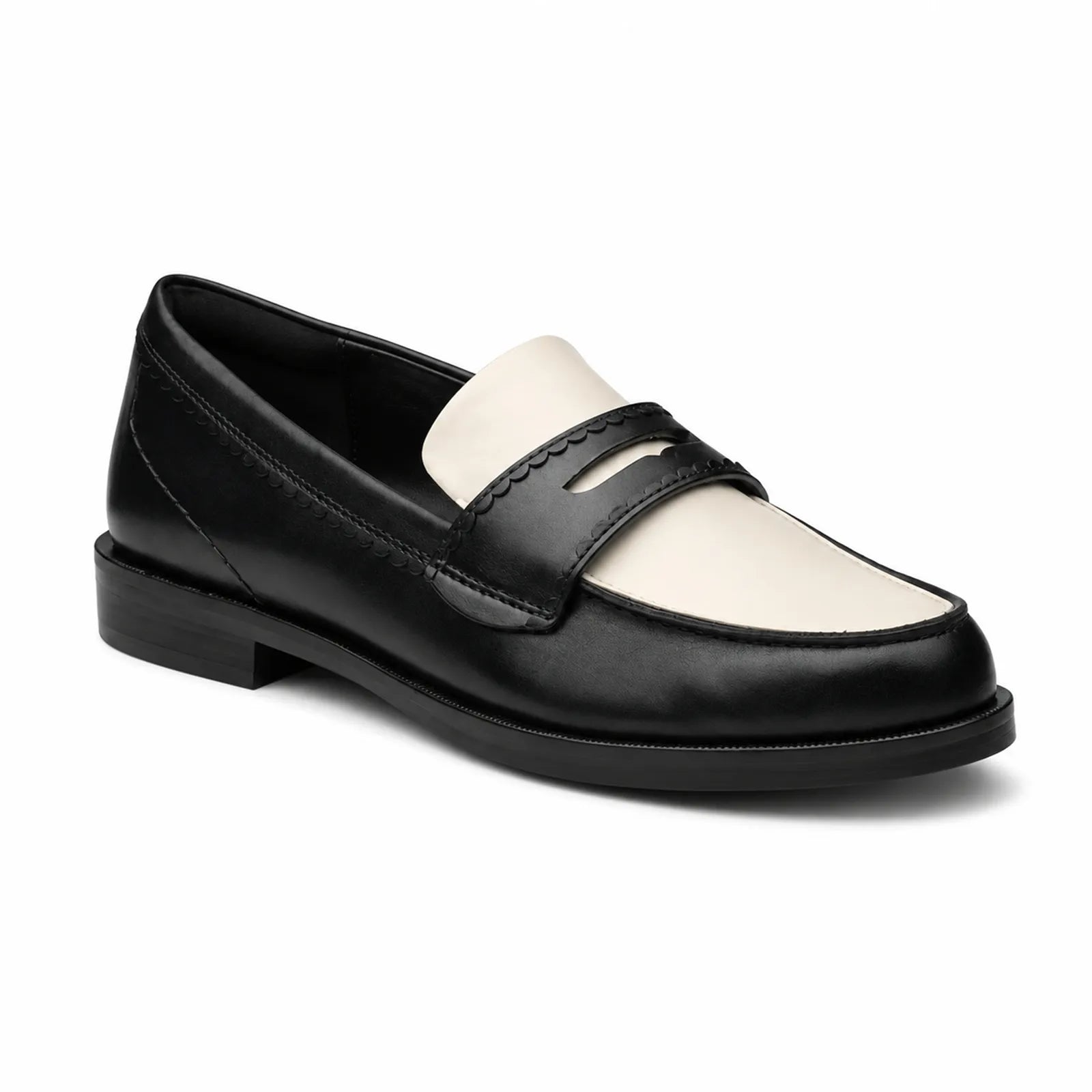 Women’s two-tone leather loafer with white vamp and black penny vamp
