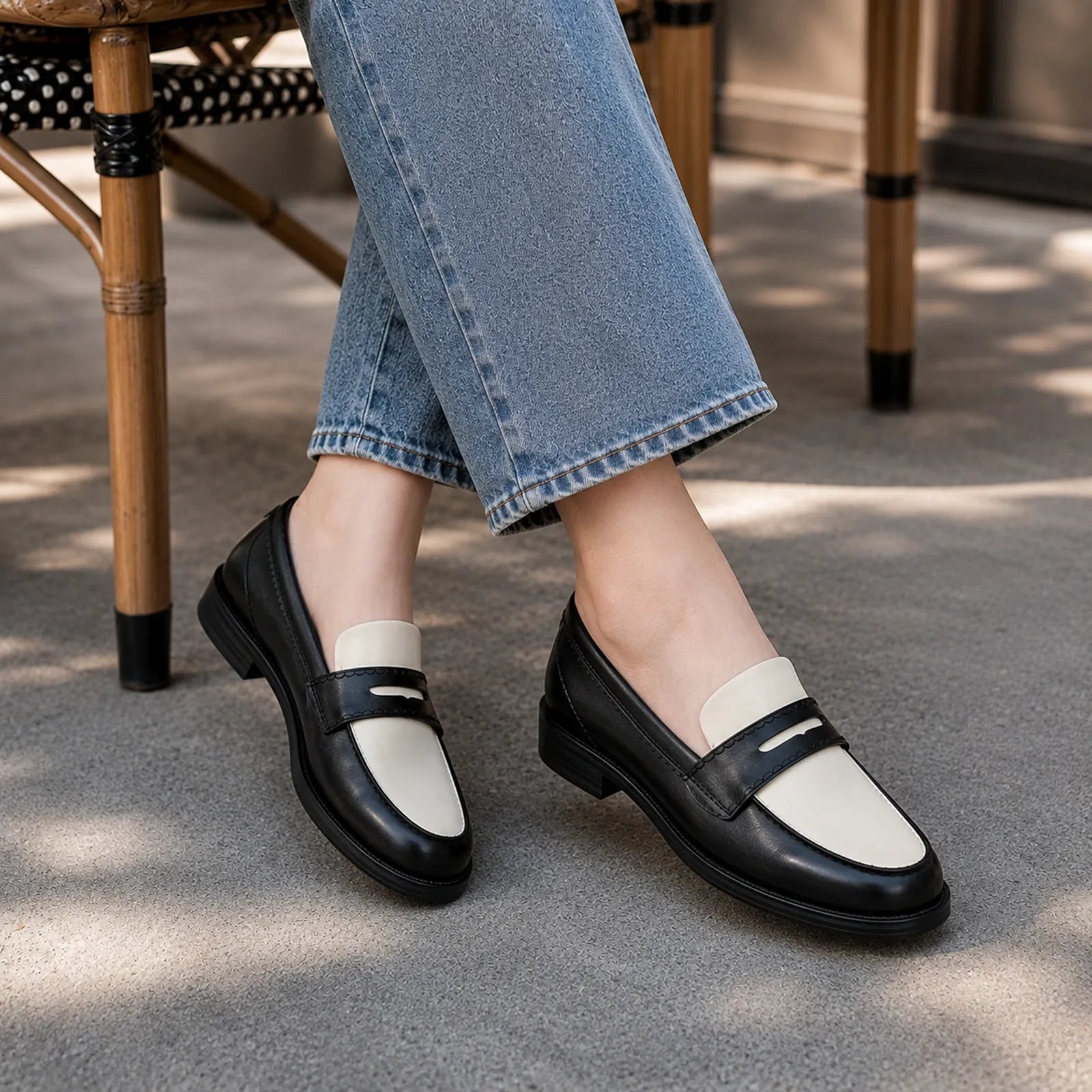 Women’s two-tone leather loafer with white panel and black strap